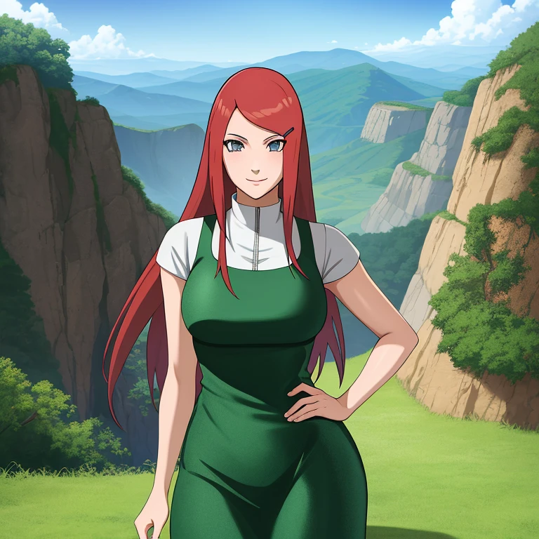 uzumaki_kushina, large_breasts, standing, solo, kushina_green_dress, masterpiece, best quality, detailed face, detailed eyes, highres, smile, ghibli, scenery, background, (masterpiece:1.4, best quality:1.2), (beautiful eyes, beautiful face), (Highres), (Detailed Illustration), Ultra-Detailed, looking at viewer, konohagakure, uzumaki_kushina, kushina_green_dress,