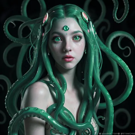 cinematic photo of a pale girl with aqua octopus tentacles in her hair, beautiful octopus woman, perfect cute face, portrait of ...