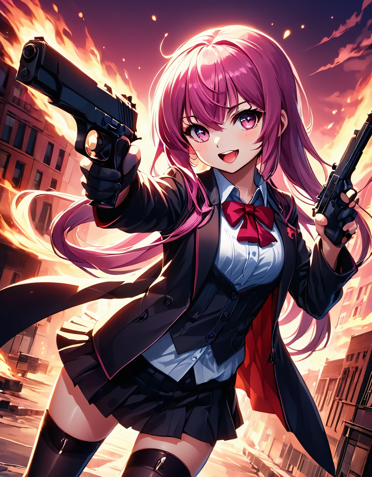 (better lighting, high contrast, sharp details), (a person:1.2+female) Gasai_yuno,laughing,blush, gangster, black suit and tie, White shirt, black skirt, polished black shoes, standing, dynamic action pose, holding two guns, Beretta 92, flash, Bullet shells, gun smoke, bullet holes, Pointing at the viewer, pink fur largo, pink fur, Long hair, groomed hair, cat ears, 28 years, intense action, Brooklyn, high end apartment backdrop, vivid colors, high saturation, dramatic shadows.