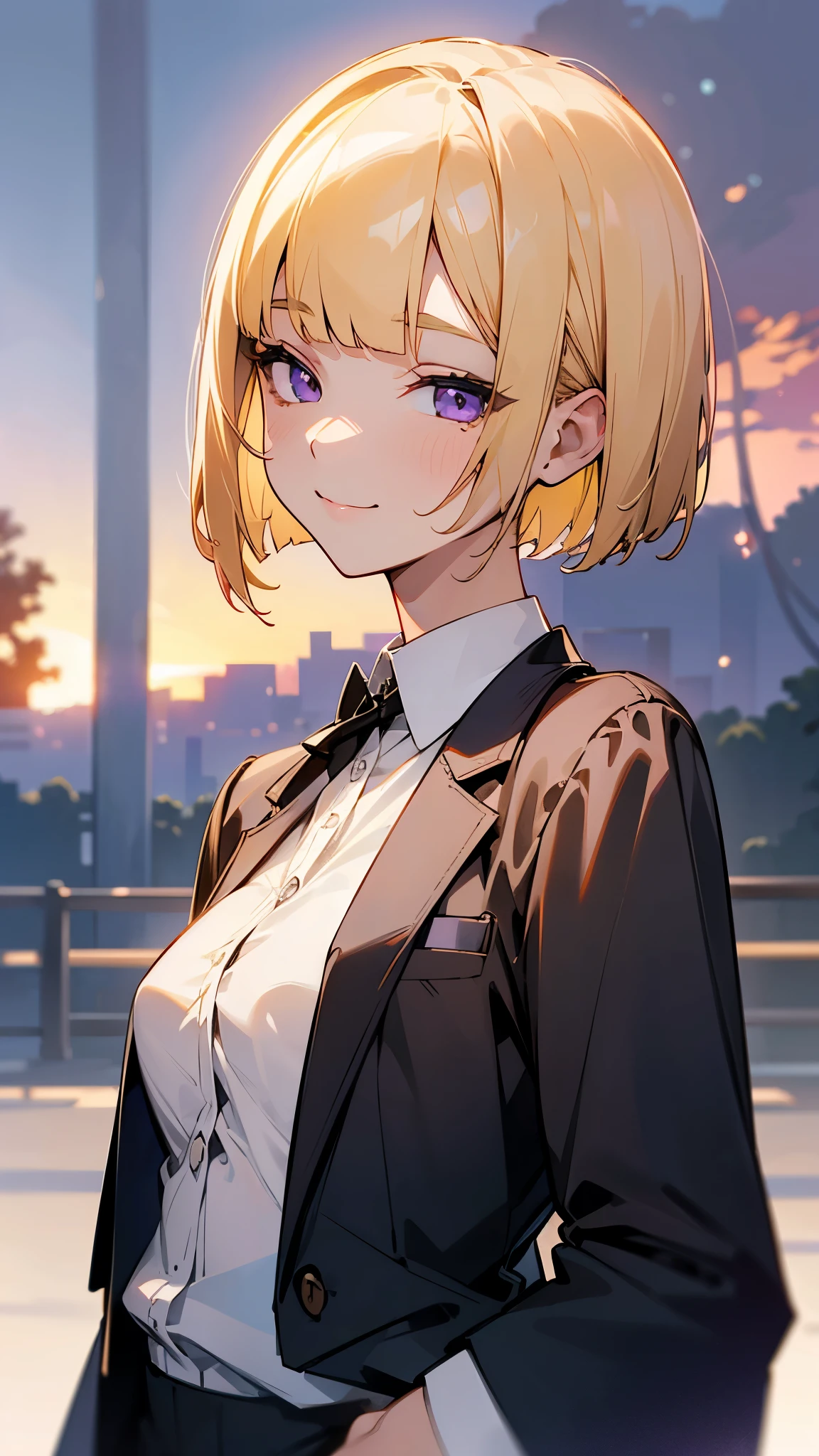 1 girl、solo、(blonde)、short hair、Bobcut、Blunt bangs、Beautiful purple eyes、A calm face、Mouth closed、Cheeky Smile、From the side、Slender body、Upper body close-up、White shirt、Black work trousers、Black Fitted Blazer、Park in the background、sunset、Soft lighting.