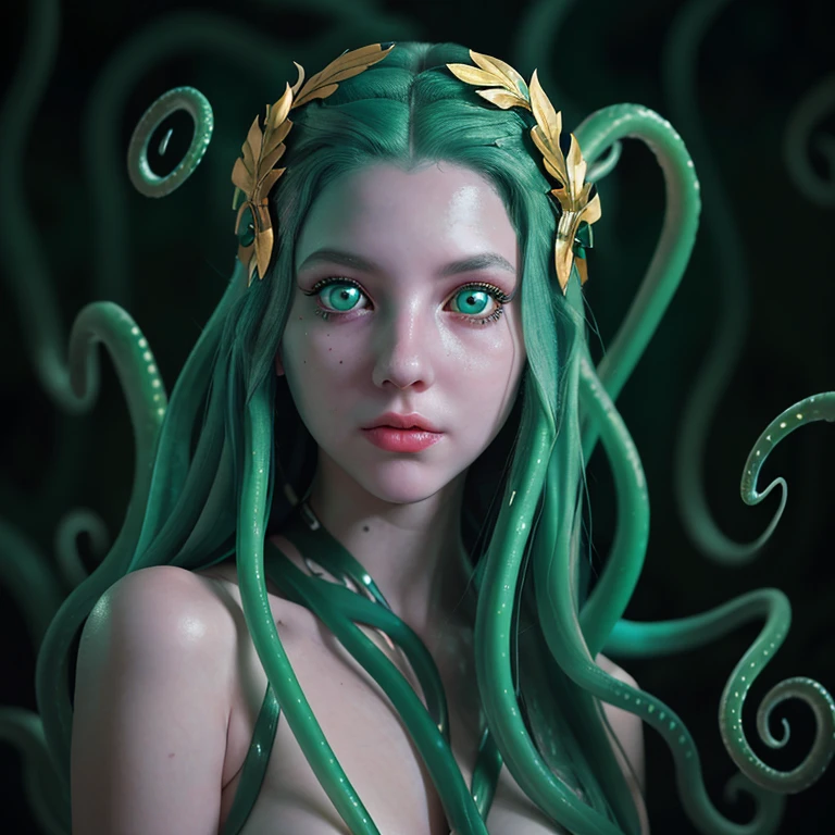 cinematic photo of a pale girl with aqua octopus tentacles in her hair, beautiful octopus woman, perfect cute face, portrait of an octopus goddess, beautiful futuristic hair style, medusa's long flowing hair, portrait of teenage medusa, green eyes, golden laurel wreath, some tentacles are touching her , octopus goddess, tentacles growing from her face, covered in tentacles, young as jellyfish, beautiful female gorgon,(Close portrait:1.3),(feminine:1.4),(beautiful:1.4),(attractive:1.3),beautiful,pose calendar,perfectly detailed eyes,studio lighting,themed background. 35mm photography, film, Bokeh, professional, 4K, Highly detailed