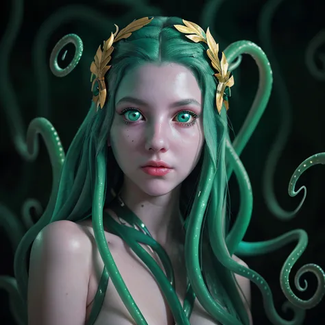 cinematic photo of a pale girl with aqua octopus tentacles in her hair, beautiful octopus woman, perfect cute face, portrait of ...