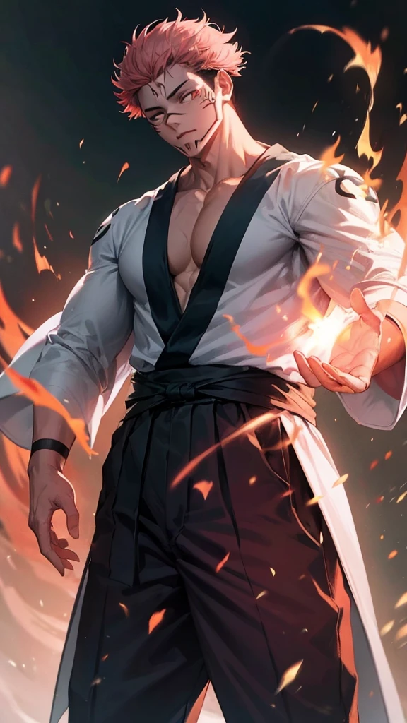 1 man, Ryomen Sukuna, Jujutsu Kaisen, using fire powers on hands, muscules in body, just pants hakama white,  pink hair, short hair, red eyes, normal eyes,  cinematographic and vivid paisage beautiful