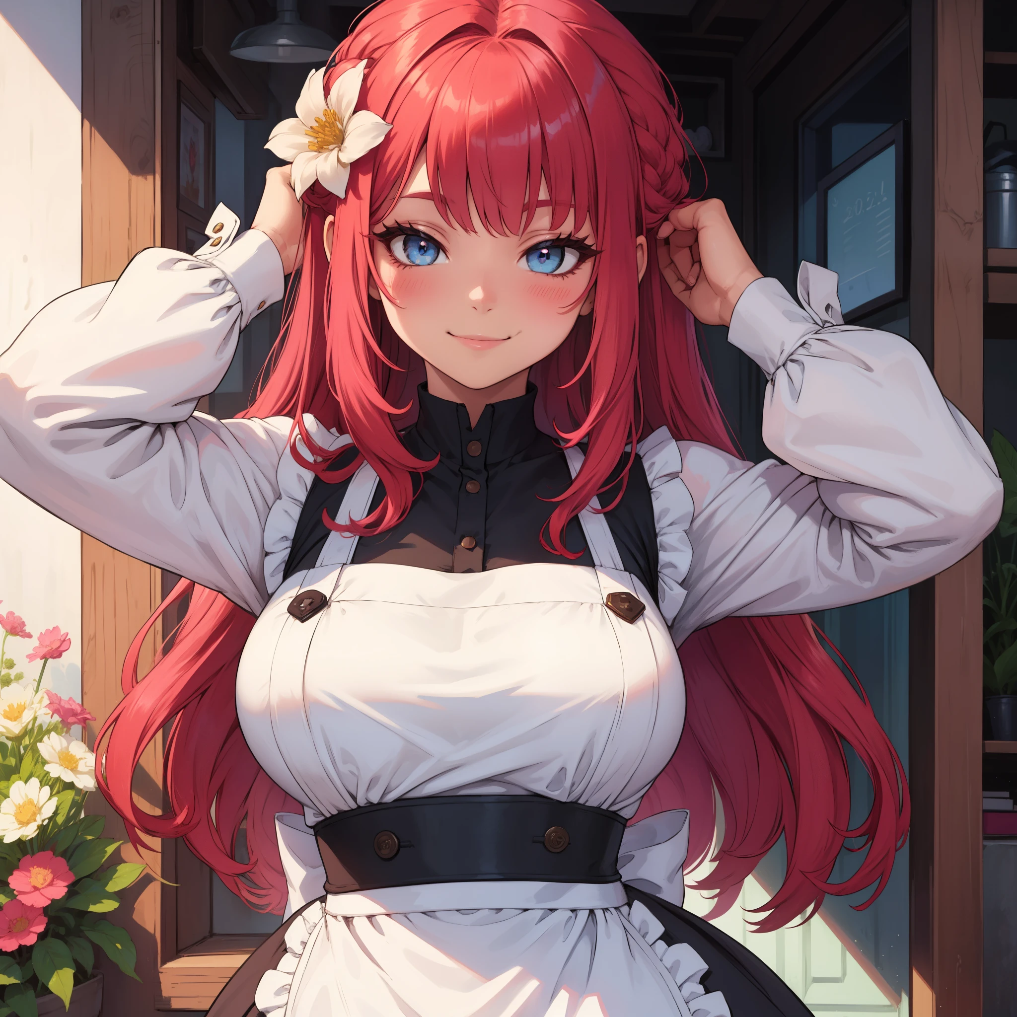 rating:safe, flower, long_sleeves, smile, 1girl, hair_ornament, blonde_hair, blush, upper_body, hair_flower, apron, frills, long_hair, dress, solo, blue_eyes, brown_hair, bangs, red_hair, pink_hair