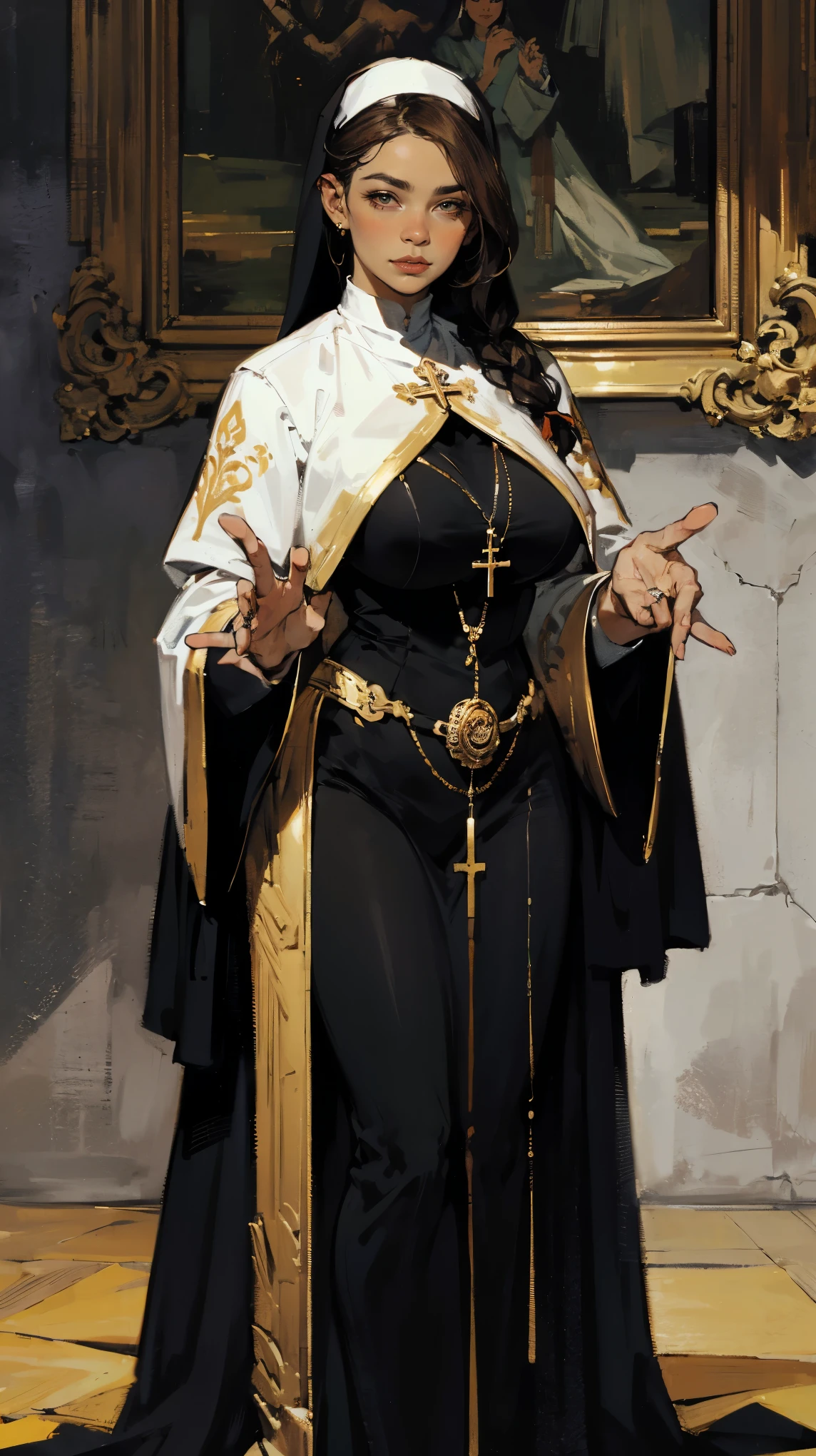 best quality (4K, high resolution, masterpiece:1.2), ultra-detailed, realistic (photo-realistic:1.37), Sienna, the Commander of the Holy Faith, authoritative spiritual guide, portrait, ((wearing elegant warrior nun uniform with silver and gold accents signifying her high rank)), ((Perfect round and perky breasts)), (formfitting costume), wise yet piercing gaze, hazel eyes, poised stance, ((auburn hair tied back in a tight braid)), confident and commanding aura with a hint of wisdom, silver, gold, and dark color scheme, sharp focus, perfect, sacred lighting, confident, authoritative demeanor, emotive smile, powerful divine magic and spiritual energy radiating from her eyes, holy temple with a peaceful, inspiring background, tranquil yet empowering atmosphere, inspired by fantasy art and divine mythology, emphasizing her allure, wisdom, and martial prowess, meticulous attention to facial details showcasing her sharp and intelligent features, striking visual impact, expressive yet authoritative facial features, supernatural elements blended with a serene reality, (exceptionally detailed:1.3), super finely detailed and strong hands, ultra finely detailed fingers (ten fingers), suggestive, inspiring posing, full body showcase, no logos in the background.