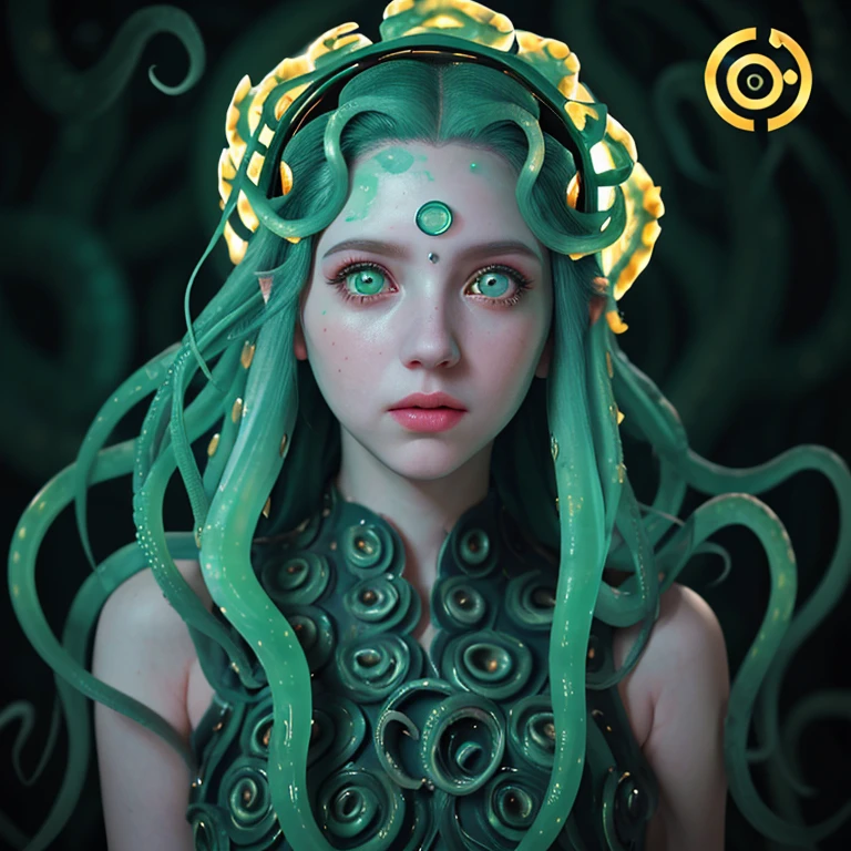 cinematic photo of a pale girl with aqua octopus tentacles in her hair, beautiful octopus woman, perfect cute face, portrait of an octopus goddess, beautiful futuristic hair style, medusa's long flowing hair, portrait of teenage medusa, green eyes, golden laurel wreath, some tentacles are touching her , octopus goddess, tentacles growing from her face, covered in tentacles, young as jellyfish, beautiful female gorgon,(Close portrait:1.3),(feminine:1.4),(beautiful:1.4),(attractive:1.3),beautiful,pose calendar,perfectly detailed eyes,studio lighting,themed background. 35mm photography, film, Bokeh, professional, 4K, Highly detailed