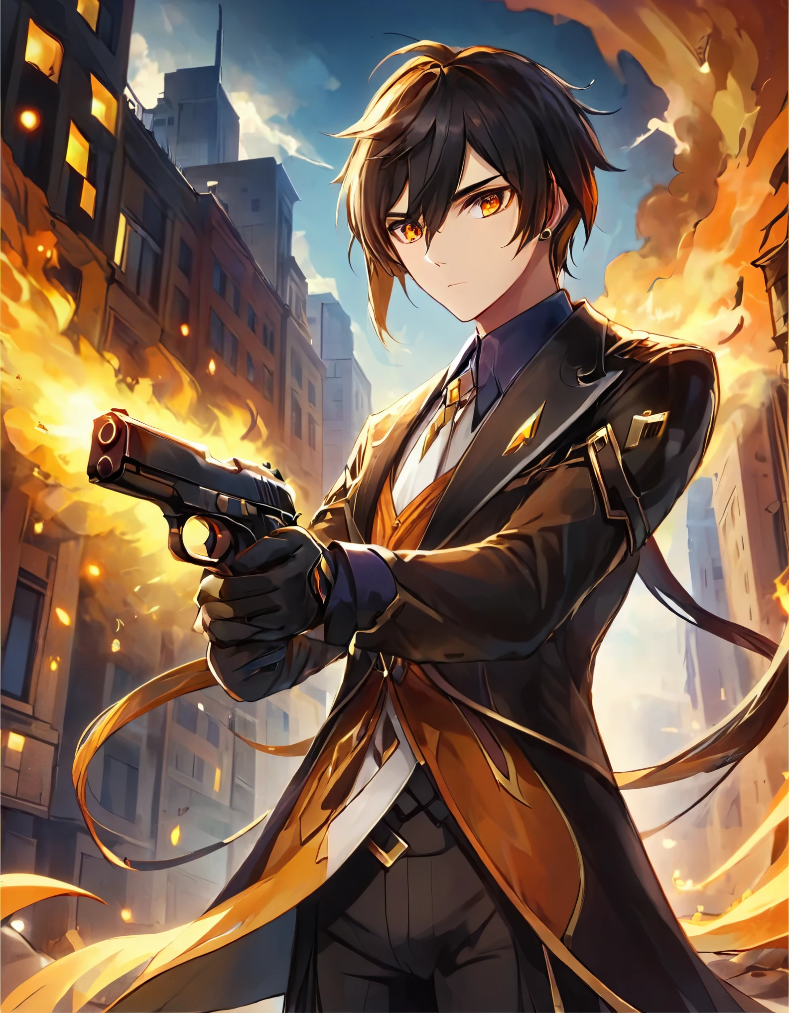 (better lighting, high contrast, sharp details), (a person:1.2+male) gangster, black suit and tie, White shirt, Black pants, polished black shoes, standing, dynamic action pose, holding two guns, Beretta 92, flash, Bullet shells, gun smoke, bullet holes, Pointing at the viewer, black fur, By the chestnut, medium hair, groomed hair, 28 years, intense action, Brooklyn, high end apartment backdrop, vivid colors, high saturation, dramatic shadows.