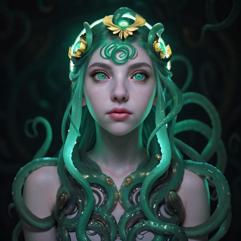 cinematic photo of a pale girl with aqua octopus tentacles in her hair, beautiful octopus woman, perfect cute face, portrait of an octopus goddess, beautiful futuristic hair style, medusa's long flowing hair, portrait of teenage medusa, green eyes, golden laurel wreath, some tentacles are touching her , octopus goddess, tentacles growing from her face, covered in tentacles, young as jellyfish, beautiful female gorgon,(Close portrait:1.3),(feminine:1.4),(beautiful:1.4),(attractive:1.3),beautiful,pose calendar,perfectly detailed eyes,studio lighting,themed background. 35mm photography, film, Bokeh, professional, 4K, Highly detailed