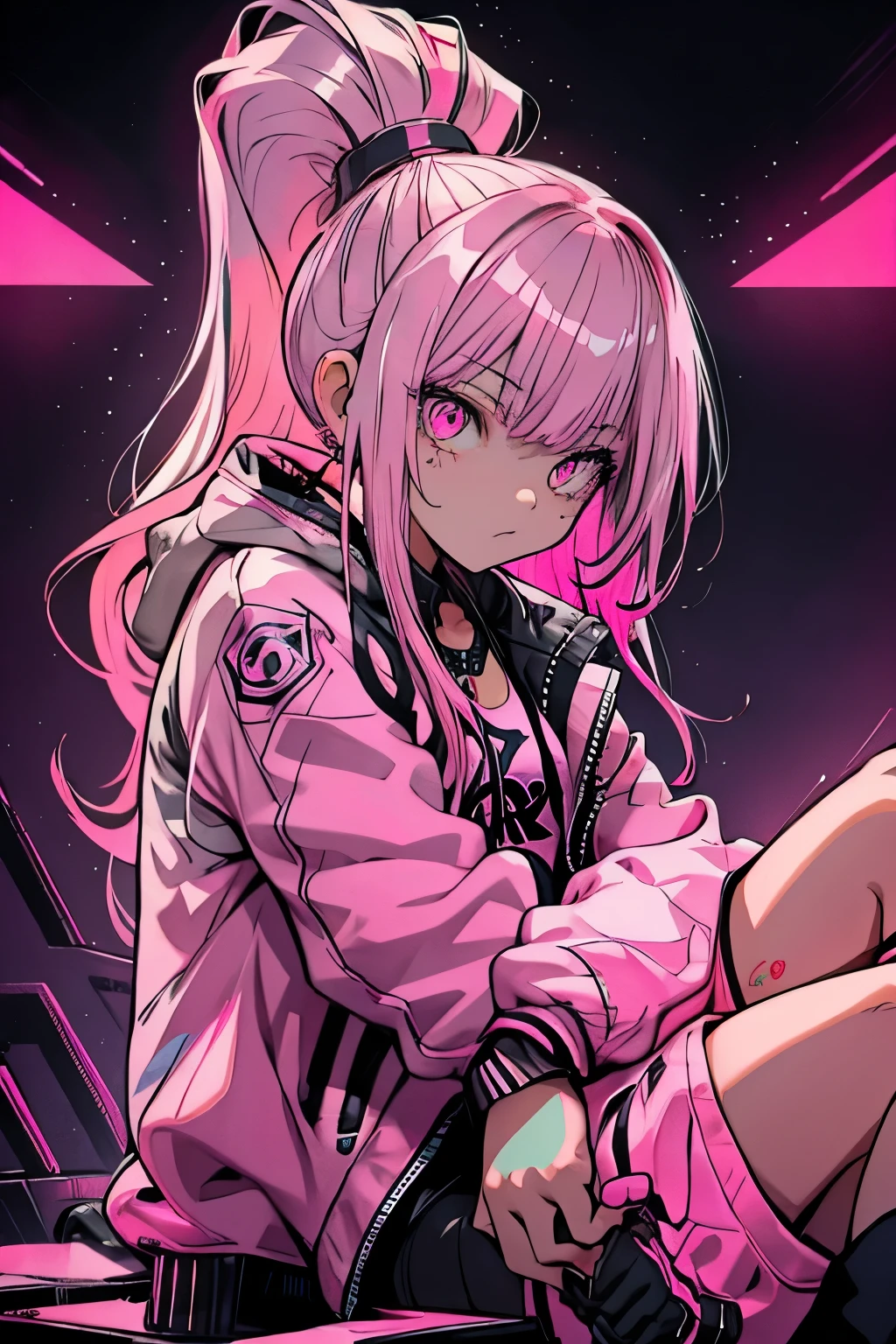 girl, Pink Long Hair, Pink Eyes, Jacket, Tattoo, ponytail, crazy, Sitting pose, Neon Background