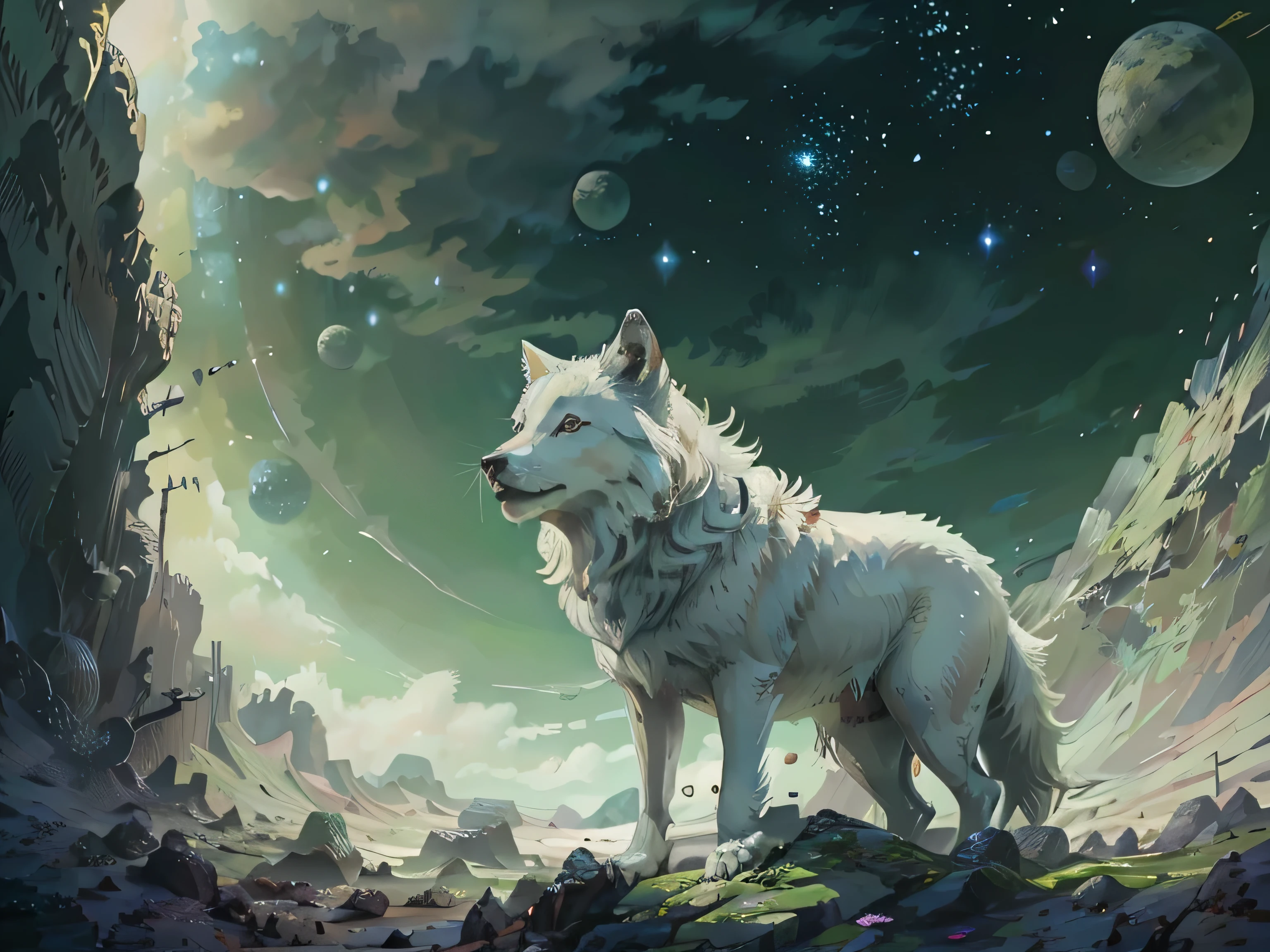 a white wolf standing in a rocky planet, somewhere in deep space