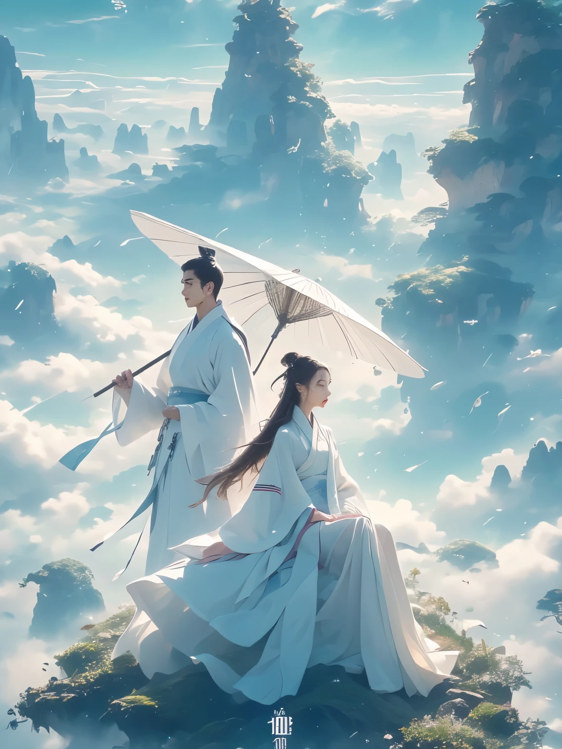 Gsxjl,umbrella,outdoor,long hair,sitting,a girl and a boy,sky,cloud,bun,Hanfu,day,Chinese costume,prop,black hair,long sleeve,flower,wide sleeve,belt,robe,wind,single bun,mountain,standing,half up hair,tree,cloudy day,blue sky,pull up hair,rain,front,