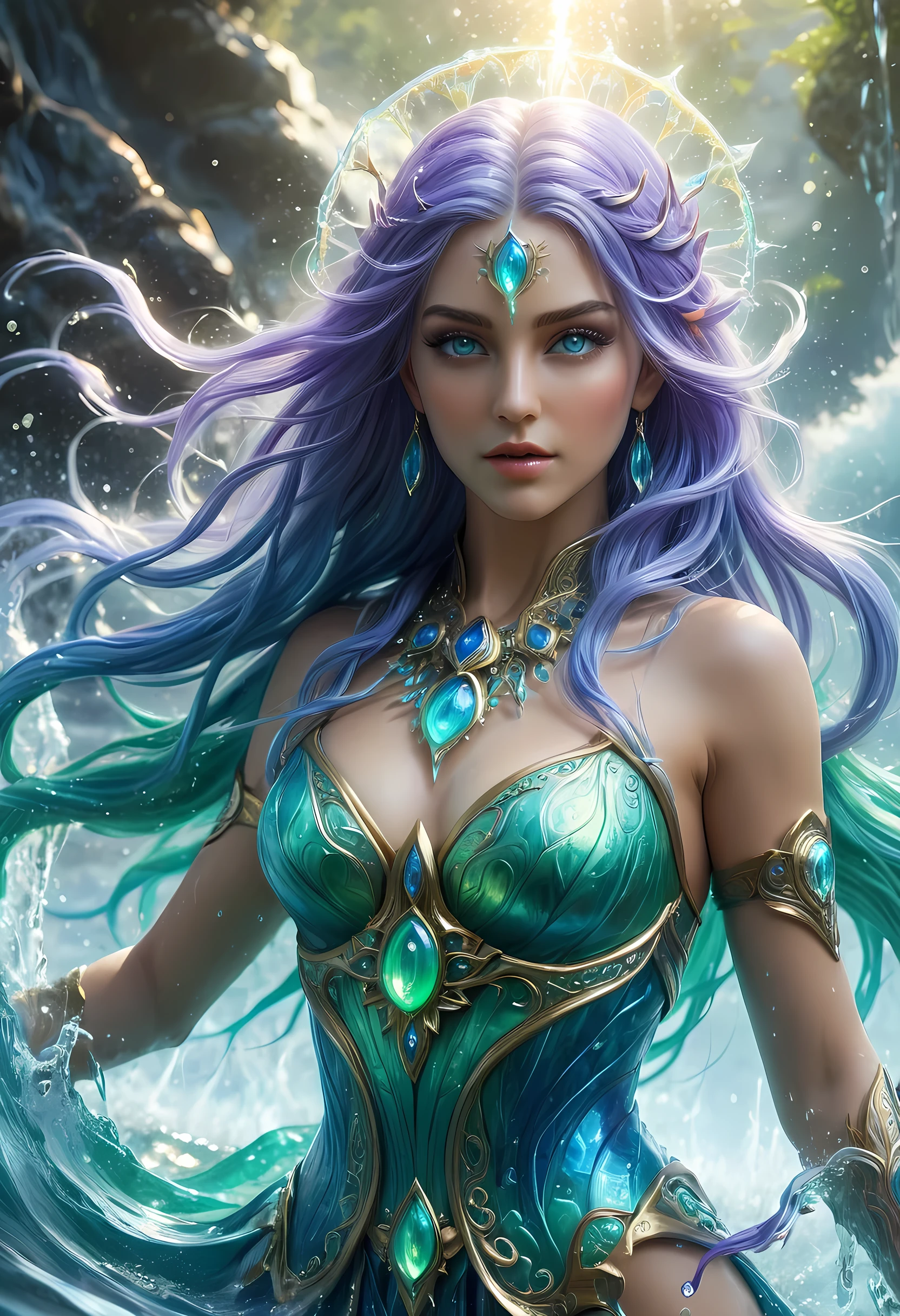 high details, best quality, 8k, [ultra detailed], masterpiece, best quality, (extremely detailed), full body, ultra wide shot, photorealistic, fantasy art, dnd art, rpg art, realistic art, an ultra wide picture of a female human (1.5 intricate details, Masterpiece, best quality) goddess of water  ((watery radiant aura)), controlling a swirling streams of watery magic (1.5 intricate details, Masterpiece, best quality), manipulating purple radiant magical symbols, [[divine symbols]] (1.5 intricate details, Masterpiece, best quality), human female, blue  hair, long hair with aura, hair with green radiant eyes, intense eyes, holding a trident, ((radiant eyes)), (( green glowing eyes)), dynamic clothing, fantasy sea background, stresms of sea water,  celestial  background, ((divine worship atmosphere)), high details, best quality, highres, ultra wide angle, crystalline dress, faize