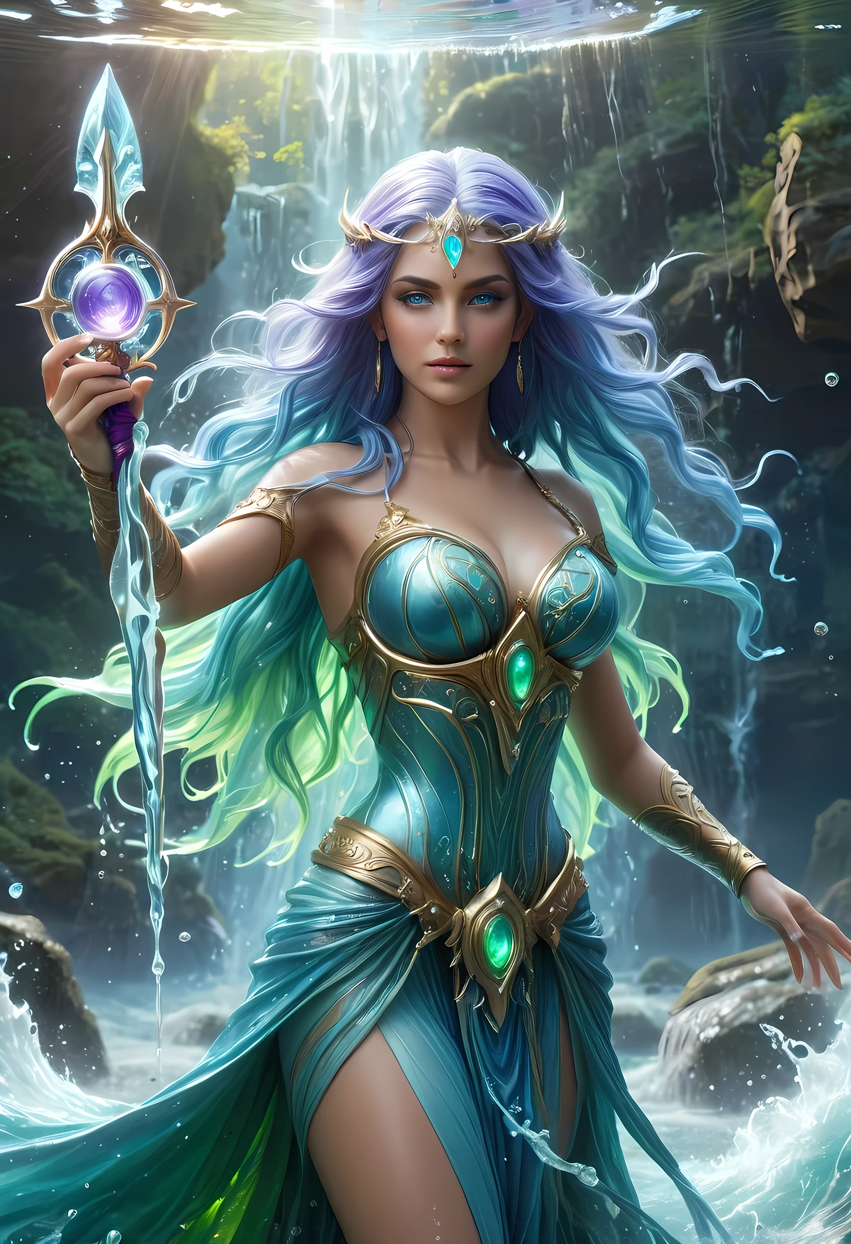 high details, best quality, 8k, [ultra detailed], masterpiece, best quality, (extremely detailed), full body, ultra wide shot, photorealistic, fantasy art, dnd art, rpg art, realistic art, an ultra wide picture of a female human (1.5 intricate details, Masterpiece, best quality) goddess of water  ((watery radiant aura)), controlling a swirling streams of watery magic (1.5 intricate details, Masterpiece, best quality), manipulating purple radiant magical symbols, [[divine symbols]] (1.5 intricate details, Masterpiece, best quality), human female, blue  hair, long hair with aura, hair with green radiant eyes, intense eyes, holding a trident, ((radiant eyes)), (( green glowing eyes)), dynamic clothing, fantasy sea background, stresms of sea water,  celestial  background, ((divine worship atmosphere)), high details, best quality, highres, ultra wide angle, crystalline dress, faize