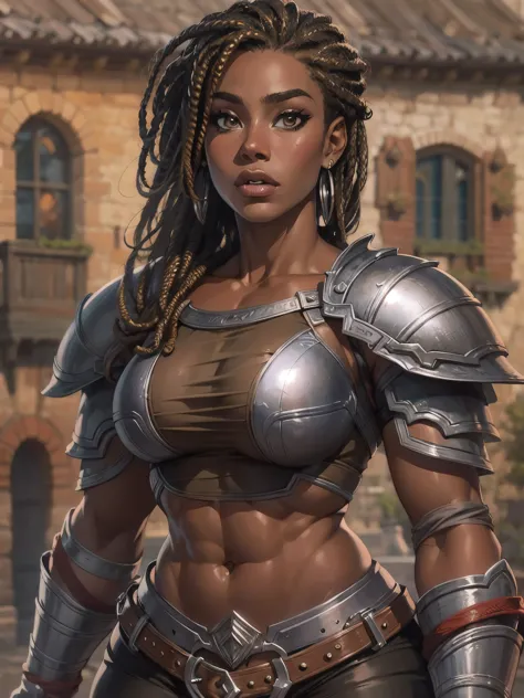 Beautiful, Black Woman, 20-years-old, Black skin, brown hair Dreadlocks, brown eyes, ((muscular curvy)), (((big breasts big ass ...