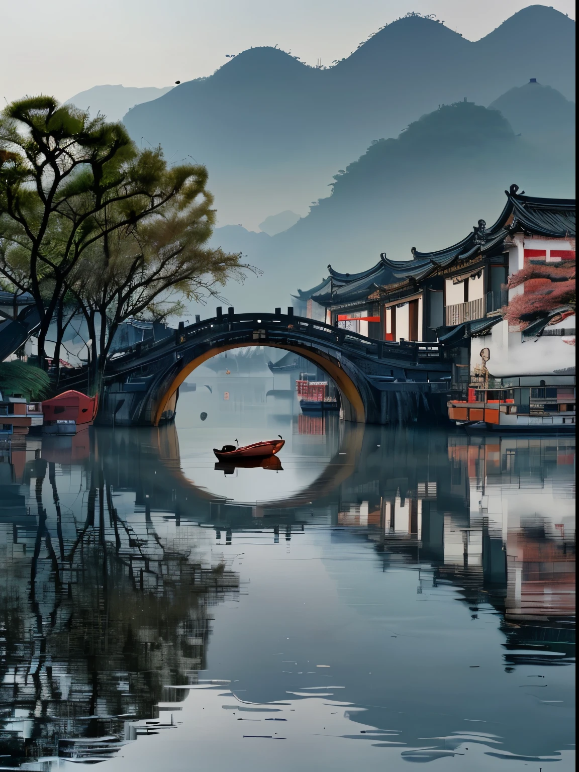 There is a boat floating in the water near the bridge, Dreamy Chinatown, Chinese Village, Chinese scenery, author：Shi Rui, author：Xu Xi, by Xia Yong, zhouzhuang ancient town, old asian village, by Yu Zhiding, by Wu Zuoren, author：Fan Qi, by Zheng Xie, author：Yang Jie, by Jiang Tingxi