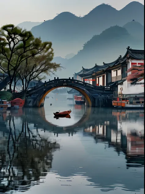 There is a boat floating in the water near the bridge, Dreamy Chinatown, Chinese Village, Chinese scenery, author：Shi Rui, autho...