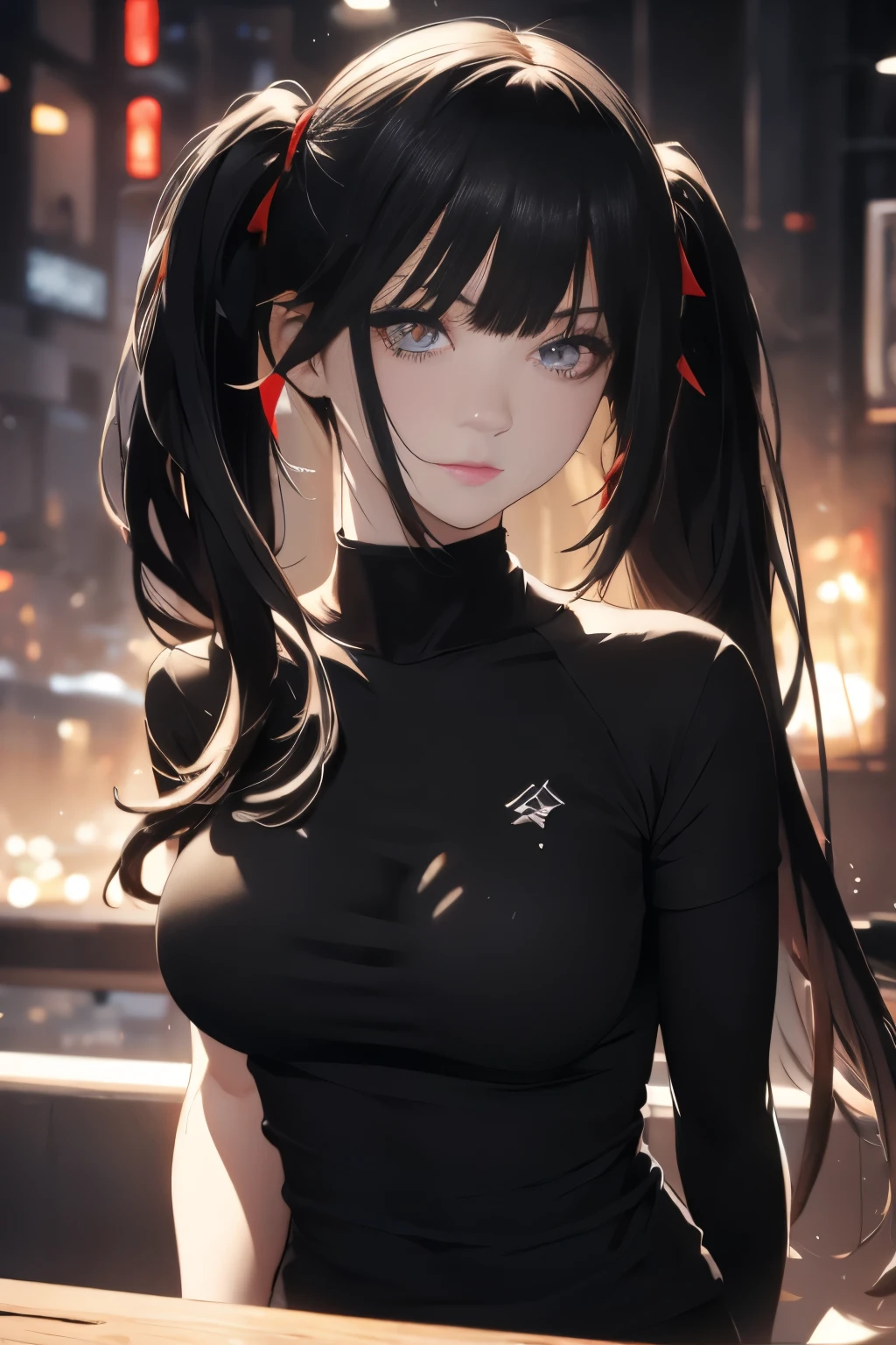 Optimal，masterpiece，High resolution，highest quality，Hyper HD，Very detailed，Award-winning，16k，alone，（Upper Body），Correct Anatomy，Beautiful Cyberpunk Girl，Upper Bodyの写真、Cute face，，Black Hair、Long Hair、Twin tails、Hairline，（（Scarlet Eyes）），Long eyelashes，Drooping eyelids，White skin，((Shoot from the front:1.5)), ((Tight black t-shirt:1.5)), ((Clock Top:1.5))、See-through、Rocket , (Large Breasts),