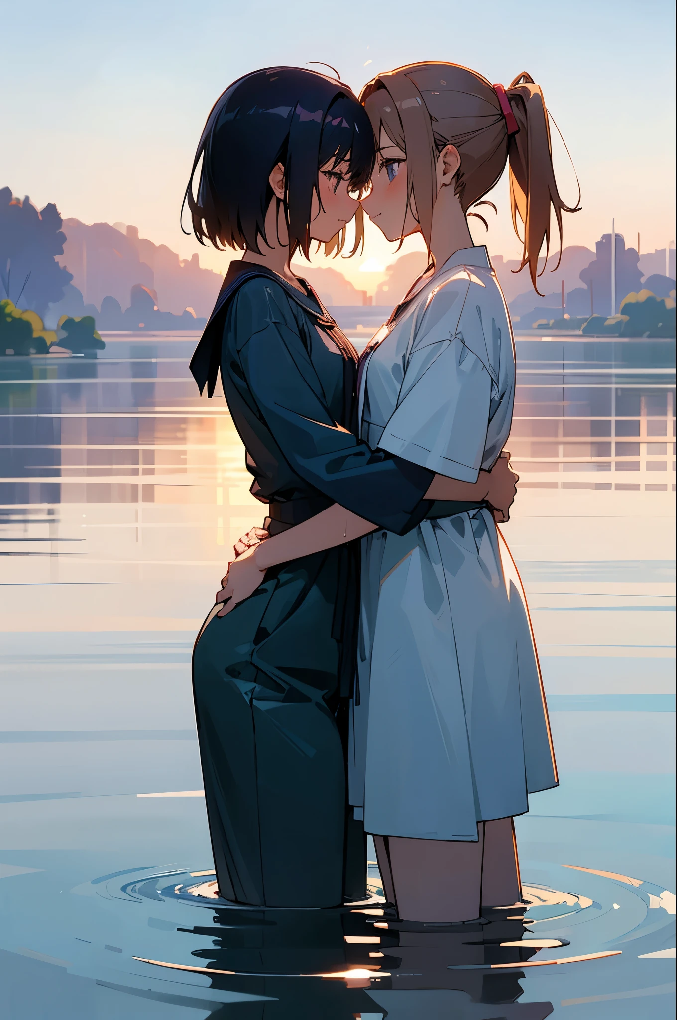 Anime couple in the water kissing each other - SeaArt AI