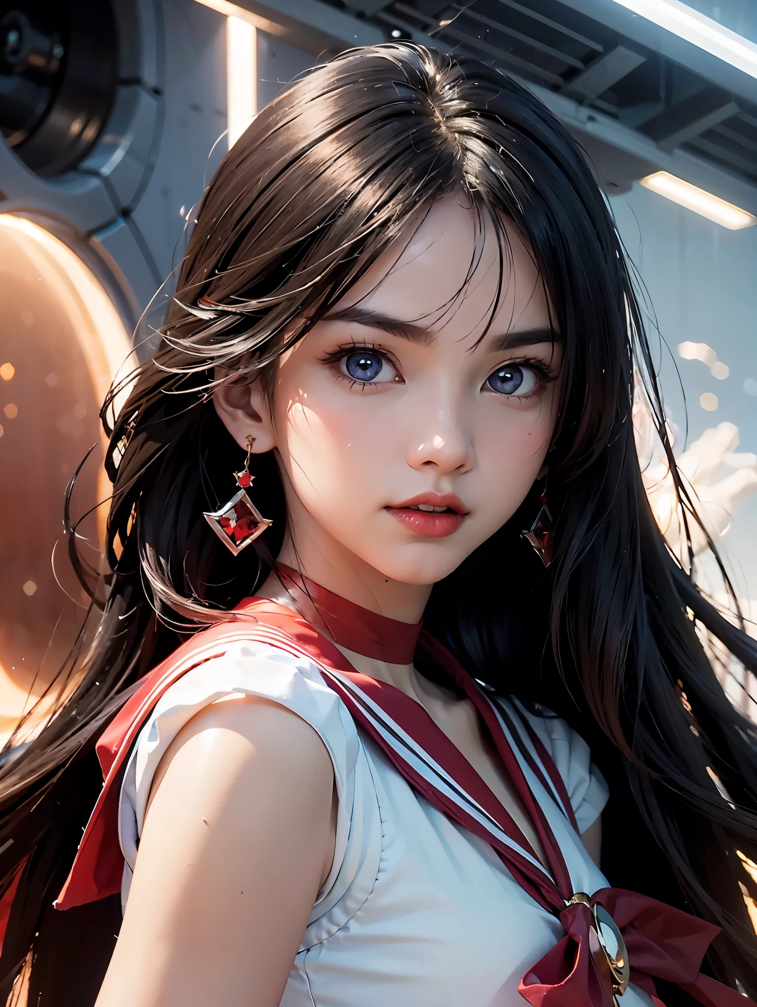 (HD Real, SAMA1 level)), Extreme Real, Masterpiece, Best Quality, High Definition, SAMA1, Space, Stunning Beauty, Upper Body Shot, 1 Girl, Chest, Gloves, Lips, Solo, Sailor Mars, Purple Eyes, Uniform, mer1, Tiara, Sailor Senshi Uniform, (RAW photo, highest quality), Masterpiece, Floating black long hair, Red Sailor Color, Bow, choker, white gloves, red choker, elbow gloves, jewelry, earrings, red skirt, sole, full body, black hair, (perfect hands): 3.8, octane rendering, Martian goddess, (Close-up: 1.2) Finely detailed beautiful eyes, close-up, small eyes, look viewer, to8contrast style, octane line art, space background, Mars, Fire effect, lowered hand, no makeup, strong gaze