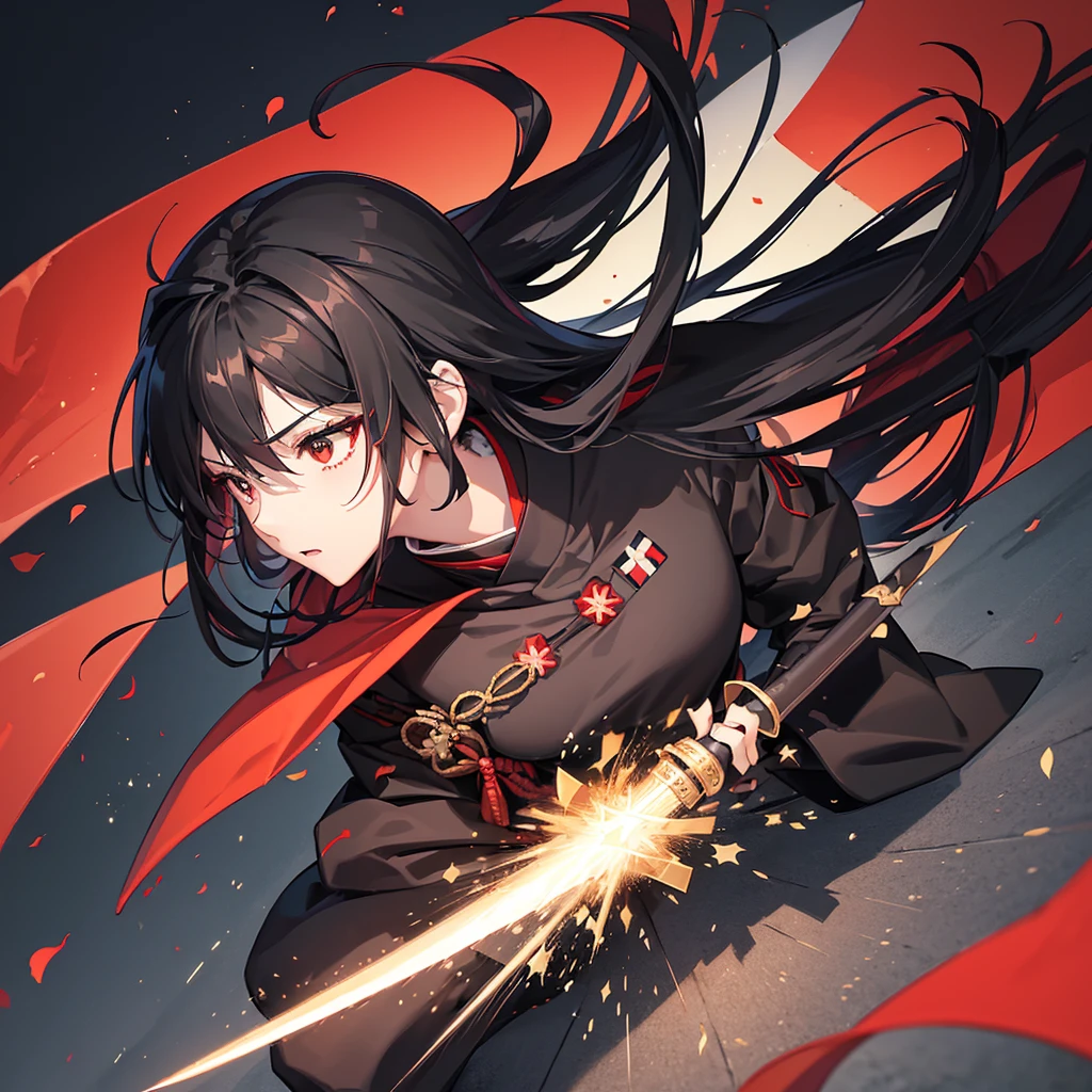 ((blackい髪　Long Hair　black　Military commander　one person　Lonely　Red Flag))　((night　Japanese style　old))　(Dance　Shining Japan sword　Draw your sword)　moon　star　Draw your sword　Slashing　Catch the wind　print　Tense face