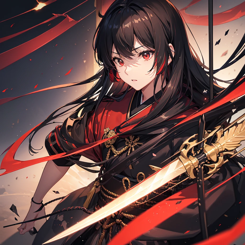 ((blackい髪　Long Hair　black　Military commander　one person　Lonely　Red Flag))　((night　Japanese style　old))　(Dance　Shining Japan sword　Draw your sword)　moon　star　Draw your sword　Slashing　Catch the wind　print　Tense face