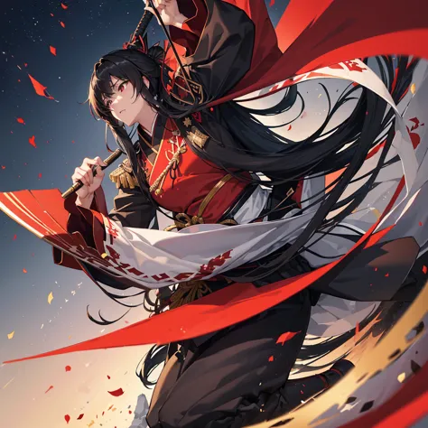 ((blackい髪　Long Hair　black　Military commander　one person　Lonely　Red Flag))　((night　Japanese style　old))　(Dance　Shining Japan swor...