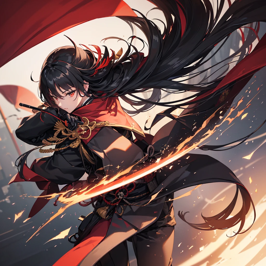 ((blackい髪　Long Hair　black　Military commander　one person　Lonely　Red Flag))　((night　Japanese style　old))　(Dance　Shining Japan sword　Draw your sword)　moon　star　Draw your sword　Slashing　Catch the wind　print　Tense face
