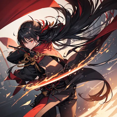 ((blackい髪　Long Hair　black　Military commander　one person　Lonely　Red Flag))　((night　Japanese style　old))　(Dance　Shining Japan swor...