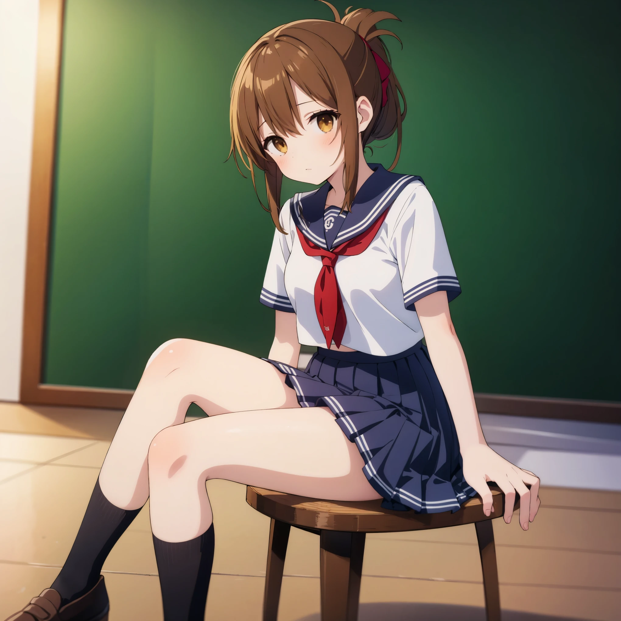  Sitting on a chair, Look to the right,He is sitting on the floor of the school gymnasium, feeling unwell and holding his knees while observing a class.,(masterpiece, best quality:1.2),illustration,8k,hd,1girl,solo,upper body,(portrait:1.2),brown_hair,folded_ponytail,brown_eyes,serafuku,long_hair,school_uniform,skirt,pleated_skirt,