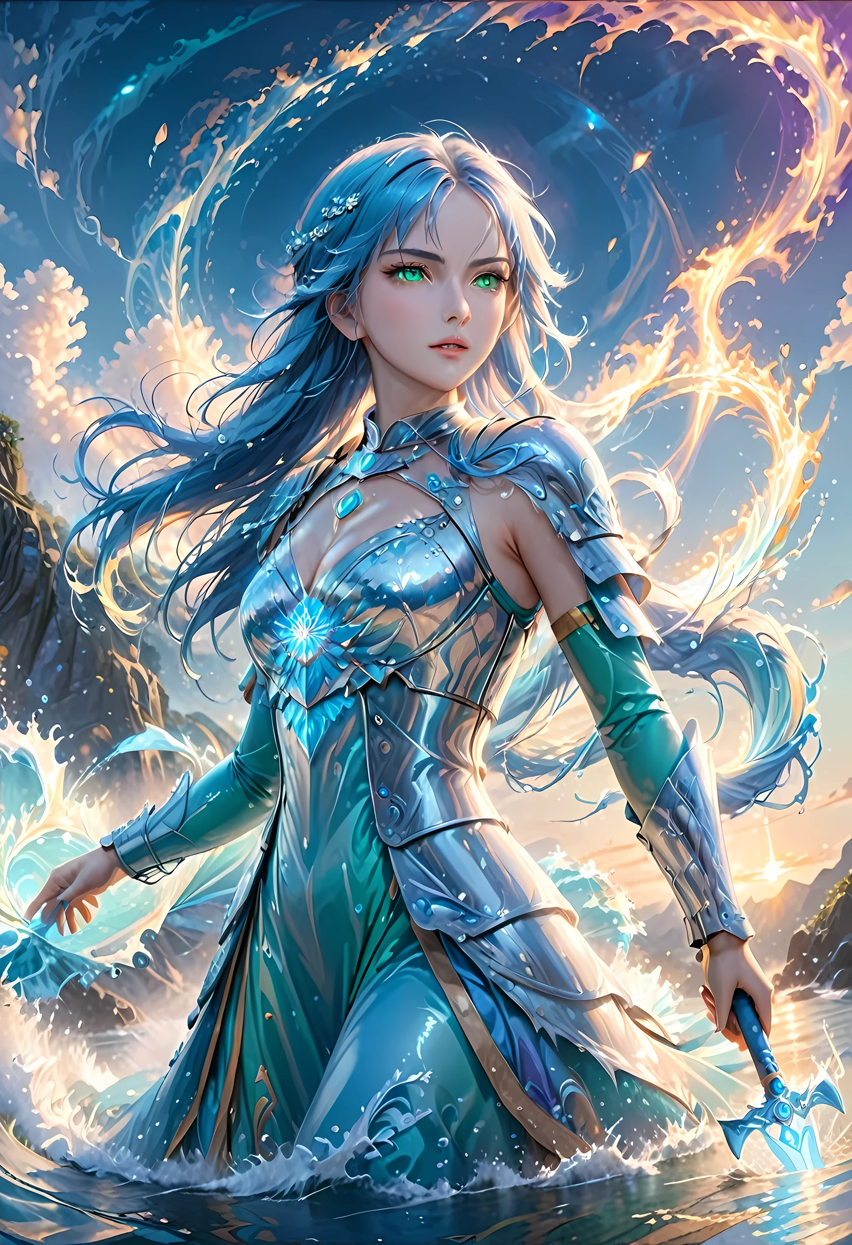 high details, best quality, 8k, [ultra detailed], masterpiece, best quality, (extremely detailed), full body, ultra wide shot, photorealistic, fantasy art, dnd art, rpg art, realistic art, an ultra wide picture of a female human (1.5 intricate details, Masterpiece, best quality) goddess of water  ((watery radiant aura)), controlling a swirling streams of watery magic (1.5 intricate details, Masterpiece, best quality), manipulating purple radiant magical symbols, [[divine symbols]] (1.5 intricate details, Masterpiece, best quality), human female, blue  hair, long hair with aura, hair with green radiant eyes, intense eyes, holding a trident, ((radiant eyes)), (( green glowing eyes)), dynamic clothing, fantasy sea background, stresms of sea water,  celestial  background, ((divine worship atmosphere)), high details, best quality, highres, ultra wide angle, ArmoredDress, faize