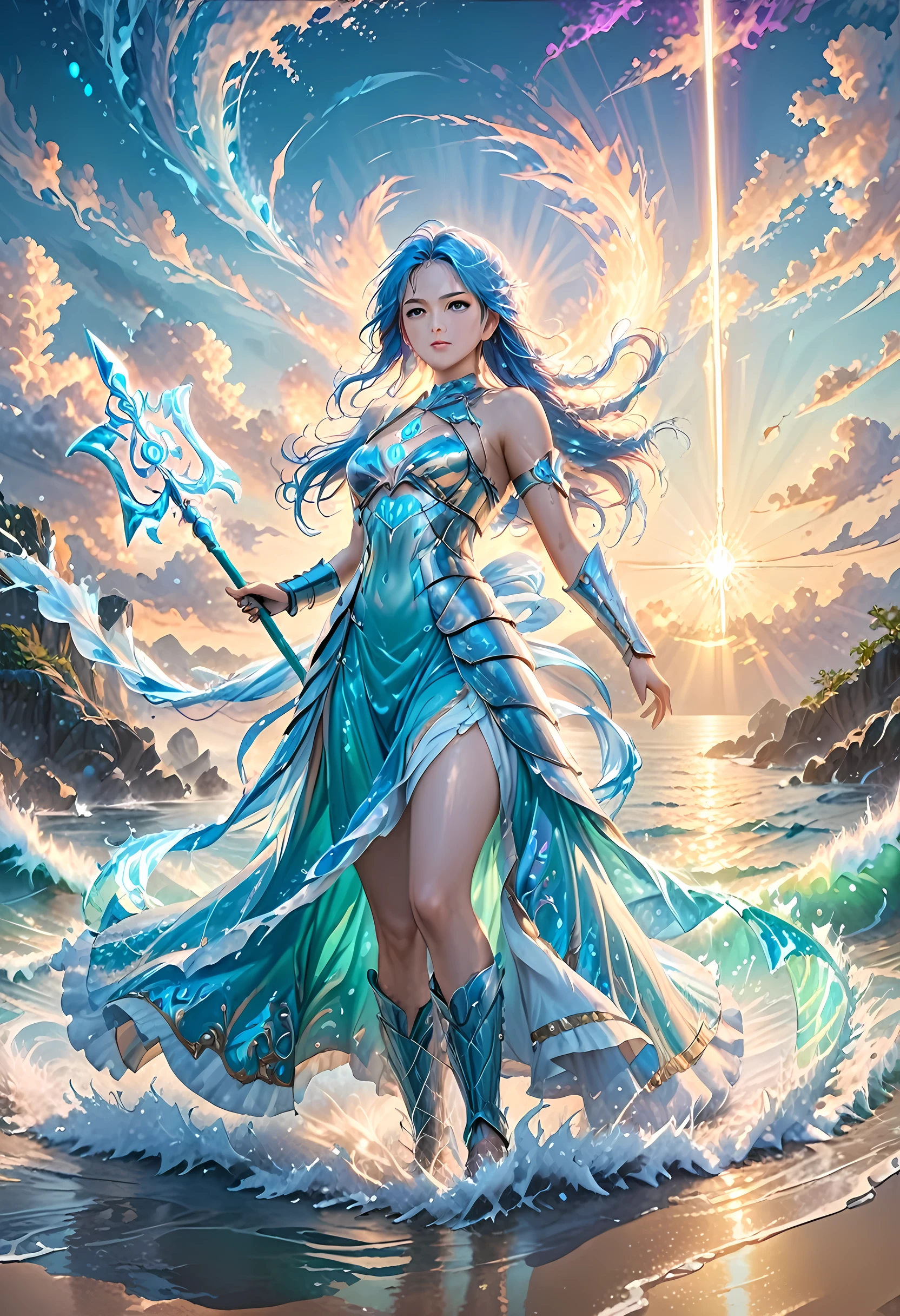 high details, best quality, 8k, [ultra detailed], masterpiece, best quality, (extremely detailed), full body, ultra wide shot, photorealistic, fantasy art, dnd art, rpg art, realistic art, an ultra wide picture of a female human (1.5 intricate details, Masterpiece, best quality) goddess of water  ((watery radiant aura)), controlling a swirling streams of watery magic (1.5 intricate details, Masterpiece, best quality), manipulating purple radiant magical symbols, [[divine symbols]] (1.5 intricate details, Masterpiece, best quality), human female, blue  hair, long hair with aura, hair with green radiant eyes, intense eyes, holding a trident, ((radiant eyes)), (( green glowing eyes)), dynamic clothing, fantasy sea background, stresms of sea water,  celestial  background, ((divine worship atmosphere)), high details, best quality, highres, ultra wide angle, ArmoredDress, faize
