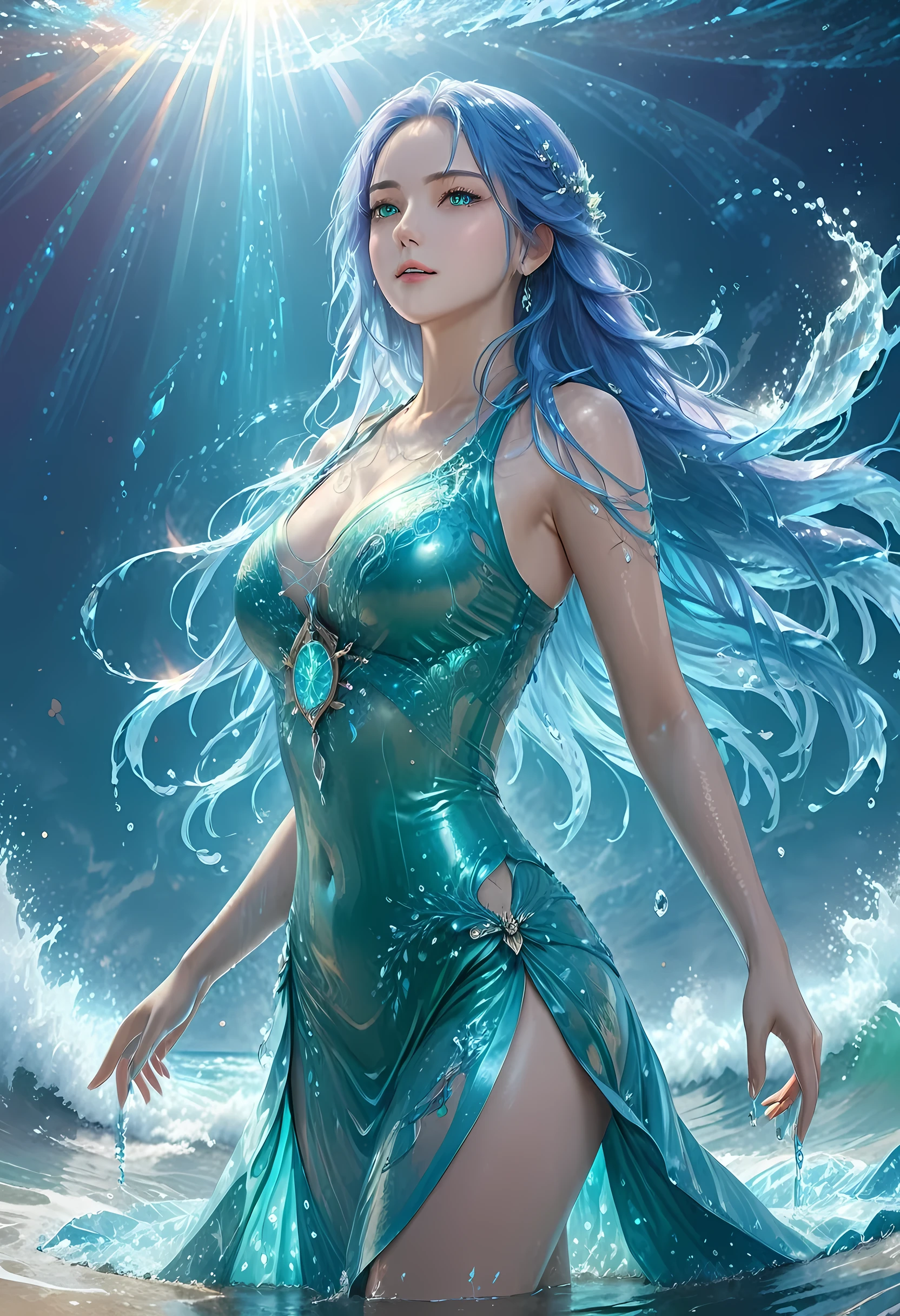high details, best quality, 8k, [ultra detailed], masterpiece, best quality, (extremely detailed), full body, ultra wide shot, photorealistic, fantasy art, dnd art, rpg art, realistic art, an ultra wide picture of a female human (1.5 intricate details, Masterpiece, best quality) goddess of water  ((watery radiant aura)), controlling a swirling streams of watery magic (1.5 intricate details, Masterpiece, best quality), manipulating purple radiant magical symbols, [[divine symbols]] (1.5 intricate details, Masterpiece, best quality), human female, blue  hair, long hair with aura, hair with green radiant eyes, intense eyes, holding a trident, ((radiant eyes)), (( green glowing eyes)), dynamic clothing, fantasy sea background, stresms of sea water,  celestial  background, ((divine worship atmosphere)), high details, best quality, highres, ultra wide angle, Latex, faize