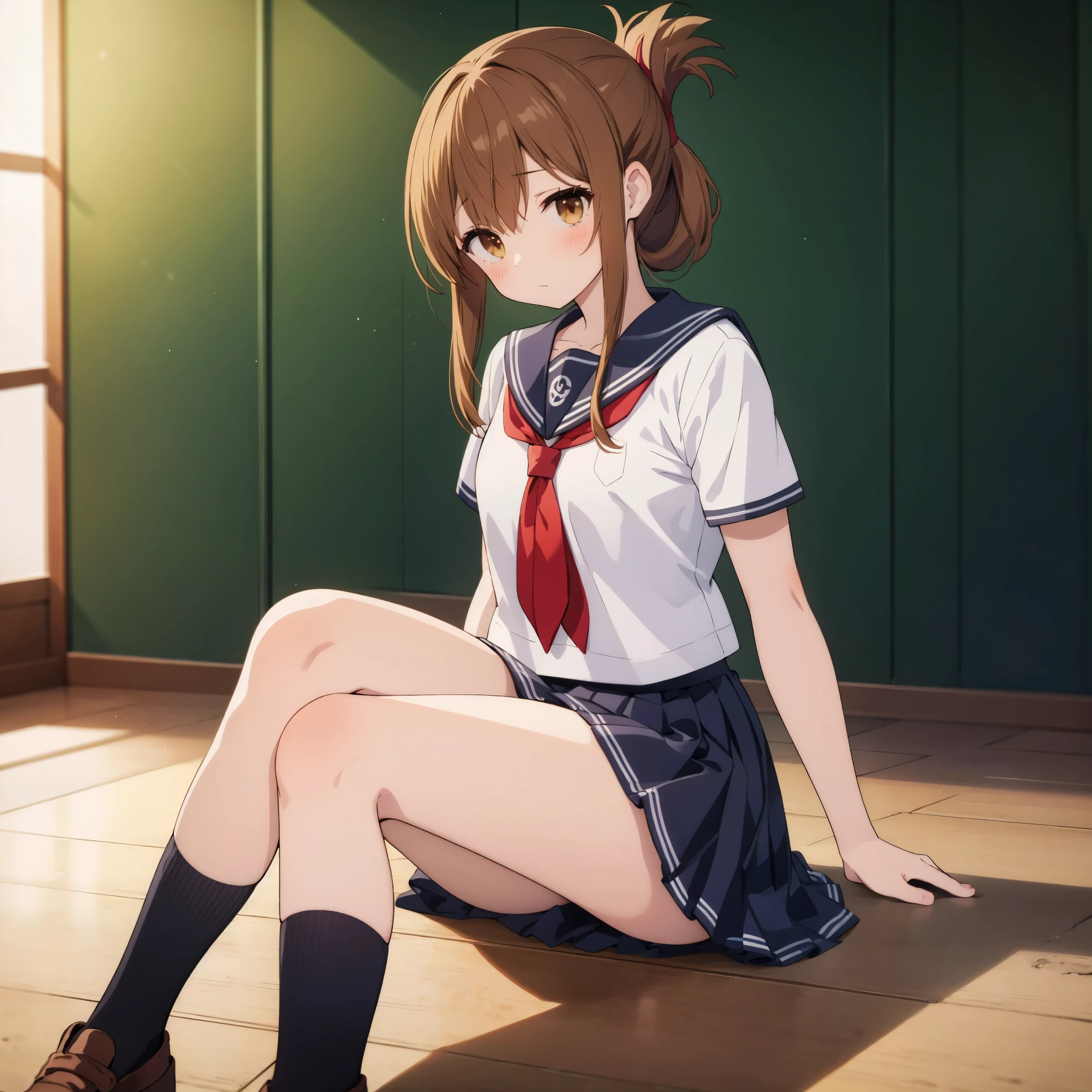 He is sitting on the floor of the school gymnasium, feeling unwell and holding his knees while observing a class.,(masterpiece, best quality:1.2),illustration,8k,hd,1girl,solo,upper body,(portrait:1.2),brown_hair,folded_ponytail,brown_eyes,serafuku,long_hair,school_uniform,skirt,pleated_skirt,