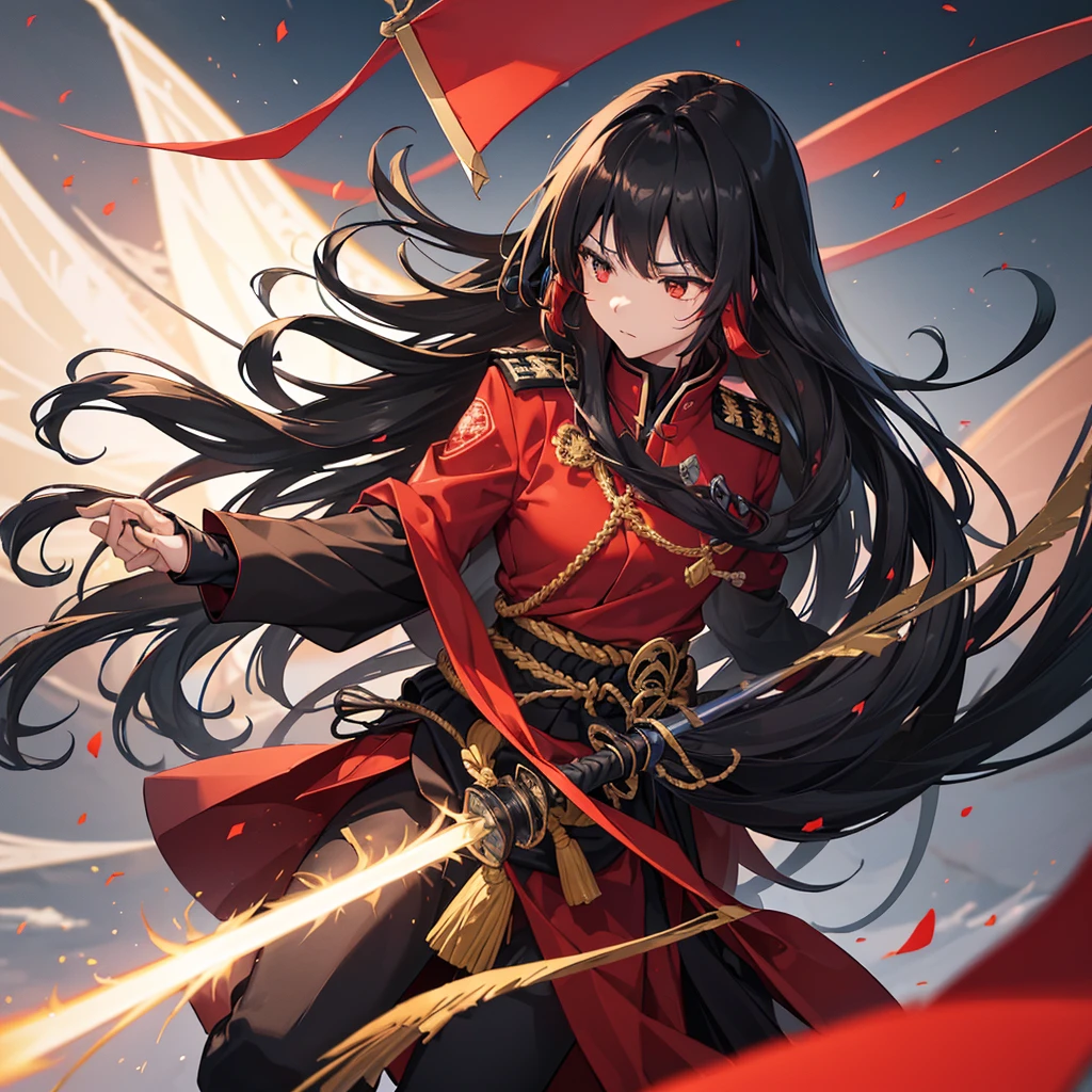 ((blackい髪　Long Hair　black　Military commander　one person　Lonely　Red Flag))　((night　Japanese style　old))　(Dance　Shining Japan sword　Draw your sword)　moon　star　Draw your sword　Slashing　Catch the wind　print　Tense face