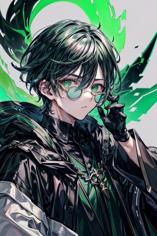 (masterpiece, best quality, perfect face, expressive eyes), 1boy, (anime), (male), (adult), (black hair), green gradient hair, green eyes, black scholar robes, (green tainted glasses), black gloves. 