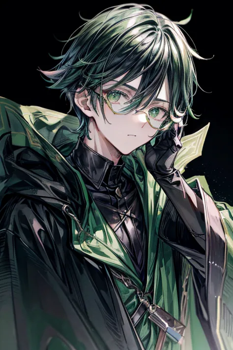 (masterpiece, best quality, perfect face, expressive eyes), 1boy, (anime), (male), (adult), (black hair), green gradient hair, g...