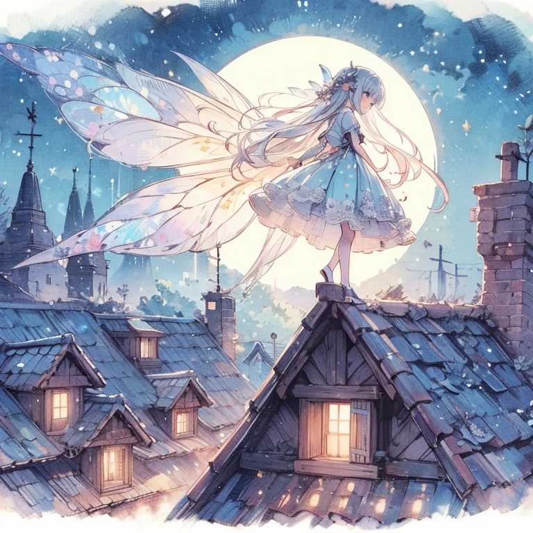 (絶妙な, 美しい, 非常に詳細, 傑作, 高解像度,高品質,高解像度),(整った顔,柔らかく細い線: 1.2, 美しい, 大人っぽくて透明感のある繊細で鮮やかなイラスト),三日月の夜の古いヨーロッパの町にある家の屋根の上で蝶のような羽が生えた透明感があって美しい幼い小さな妖精姫が暗い月の美しい夜に優雅に月に目線を向けにっこりうっとりしている,美しい大きな三日月と星と流星と流れ星,(透き通った美しい妖精の羽が背中から生やしティアラとイヤリングとチョーカーを身につけている), 宝石とリボンとフリルとレースで飾られた美しい黒色と銀色のボールガウンドレスを着て美しい妖精の靴を履いている,(淡いピンクの頬に美しい銀髪とぷっくりとしたピンク色の唇に色白で大きなバストでよいスタイル),鮮やかで印象的な色,少し離れたところから,夢のような可愛い雰囲気