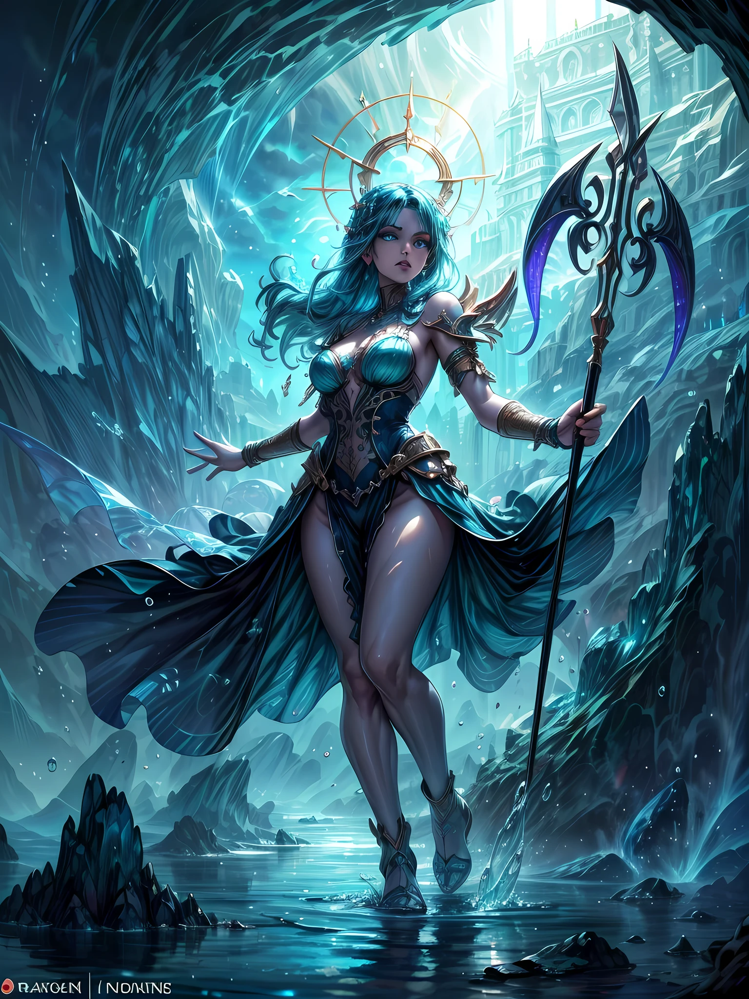 high details, best quality, 8k, [ultra detailed], masterpiece, best quality, (extremely detailed), full body, ultra wide shot, photorealistic, fantasy art, dnd art, rpg art, realistic art, an ultra wide picture of a female human (1.5 intricate details, Masterpiece, best quality) goddess of water  ((watery radiant aura)), controlling a swirling streams of watery magic (1.5 intricate details, Masterpiece, best quality), manipulating purple radiant magical symbols, [[divine symbols]] (1.5 intricate details, Masterpiece, best quality), human female, blue  hair, long hair with aura, hair with green radiant eyes, intense eyes, holding a trident, ((radiant eyes)), (( green glowing eyes)), dynamic clothing, fantasy sea background, stresms of sea water,  celestial  background, ((divine worship atmosphere)), high details, best quality, highres, ultra wide angle, crystallineAI,