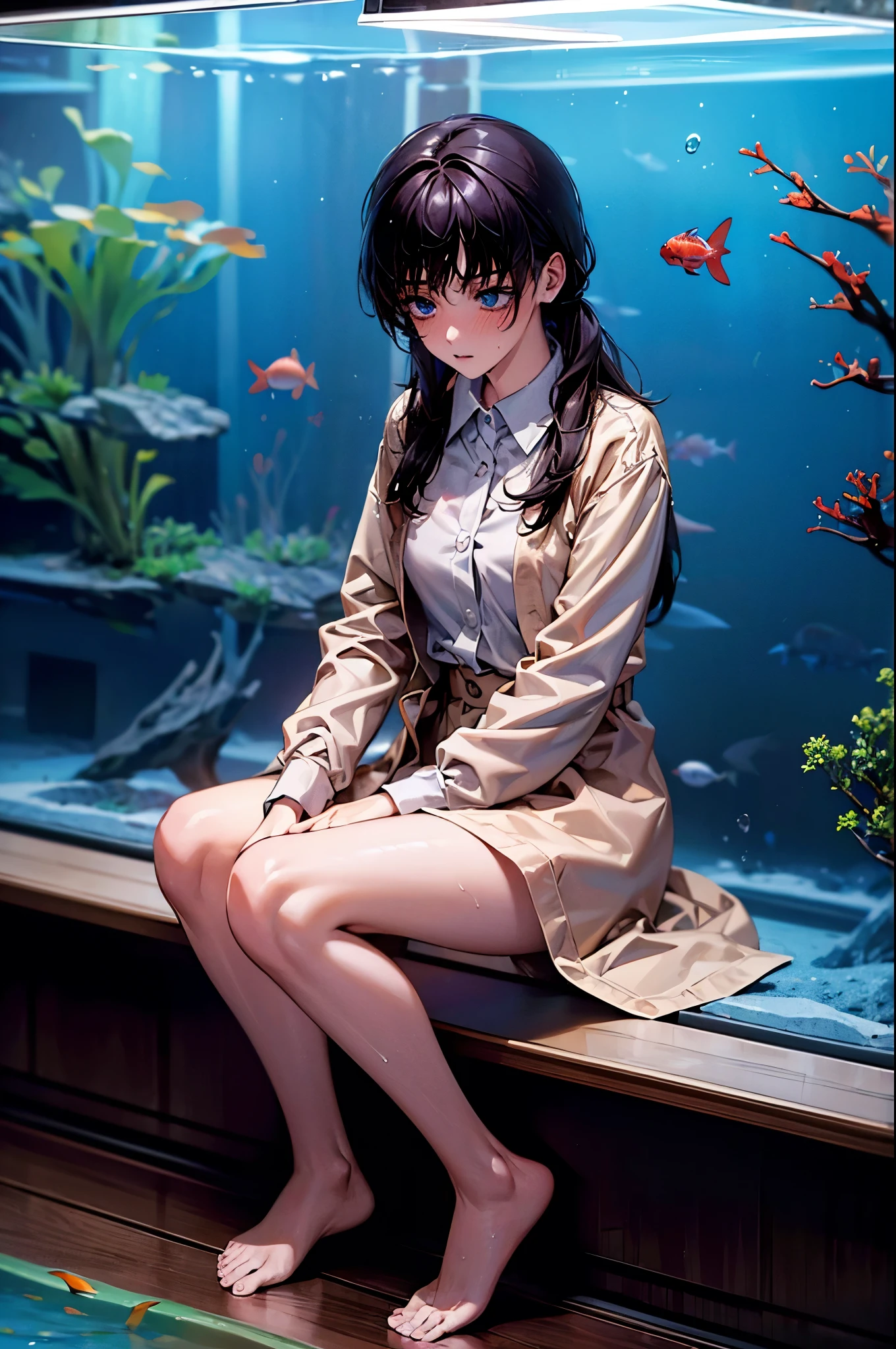 ((masterpiece)), ((best quality)), (ultra-detailed), 1girl, solo, (aquarium:1.3), Untangle the hair, colorful fish, Sitting on the floor holding your knees in a water tank, full body, starfish, wet clothes, wet hair, soaked