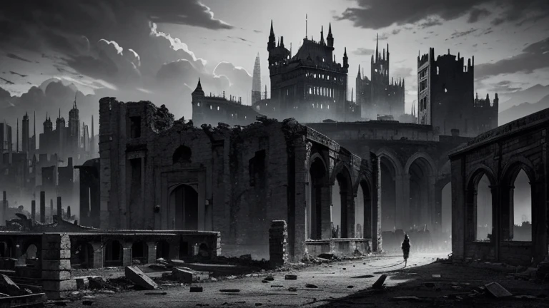 ruins、Devastated Land、Monochrome、Bleak、One big castle、Ink Painting、Perfect composition, Beautiful and sophisticated、dystopian city ,