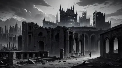 ruins、Devastated Land、Monochrome、Bleak、One big castle、Ink Painting、Perfect composition, Beautiful and sophisticated、dystopian ci...