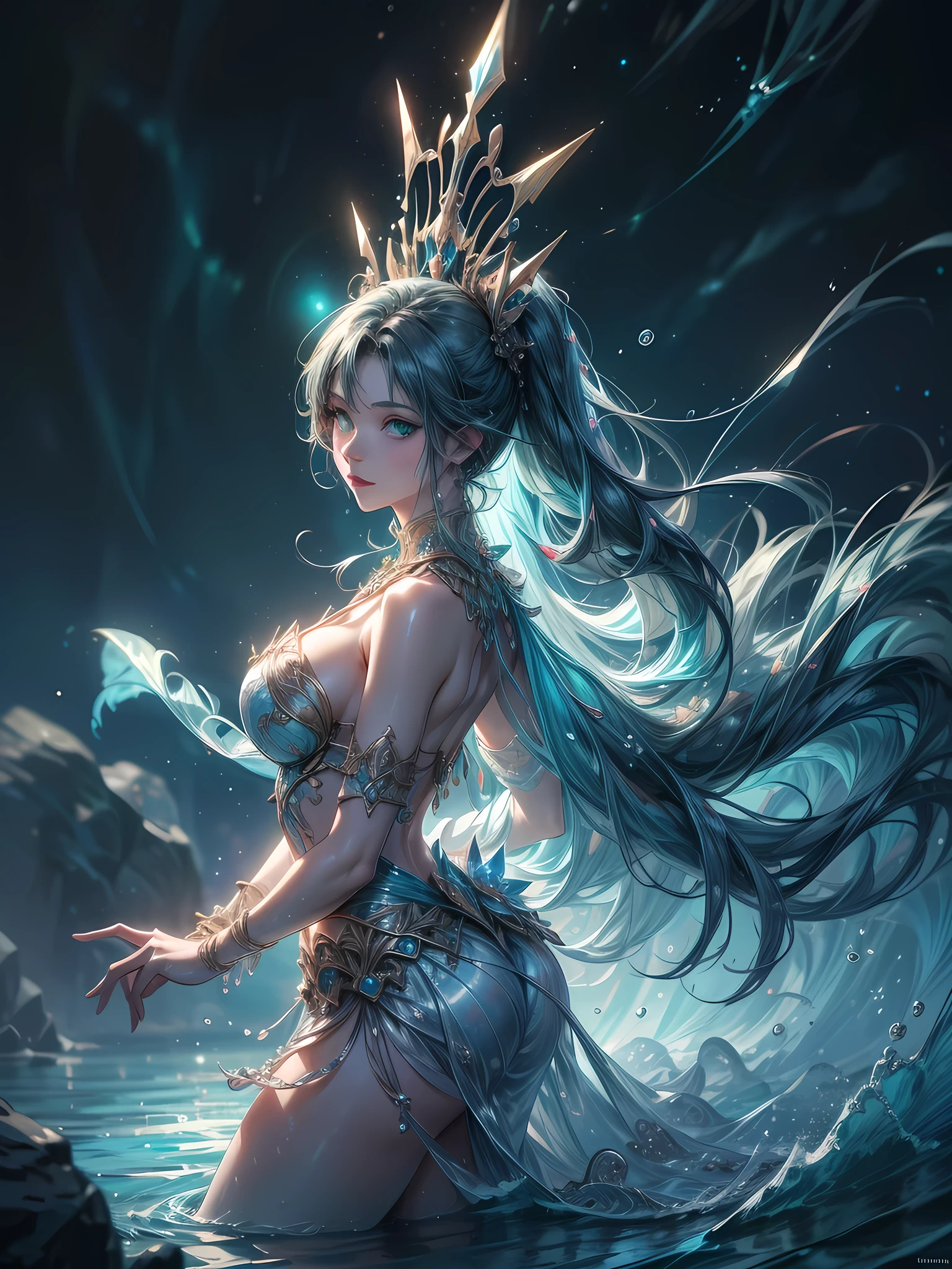high details, best quality, 8k, [ultra detailed], masterpiece, best quality, (extremely detailed), full body, ultra wide shot, photorealistic, fantasy art, dnd art, rpg art, realistic art, an ultra wide picture of a female human (1.5 intricate details, Masterpiece, best quality) goddess of water  ((watery radiant aura)), controlling a swirling streams of watery magic (1.5 intricate details, Masterpiece, best quality), manipulating purple radiant magical symbols, [[divine symbols]] (1.5 intricate details, Masterpiece, best quality), human female, blue  hair, long hair with aura, hair with green radiant eyes, intense eyes, holding a trident, ((radiant eyes)), (( green glowing eyes)), dynamic clothing, fantasy sea background, stresms of sea water,  celestial  background, ((divine worship atmosphere)), high details, best quality, highres, ultra wide angle, crystallineAI,