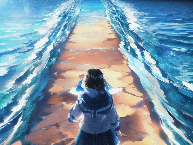 Anime girl walking on the beach, Wallpaper Anime Blue Water, Anime girl walking on water, Beautiful peaceful scene in anime, Beautiful Anime scene, blue sea, Beautiful Anime artwork, Beautiful Anime art, ultra HD Anime Wallpaper, 4k anime wallpaper, HD Anime Wallpaper, Anime Background, makoto shinkai cyril rolando, Beautiful Anime, Anime HD Wallpaper