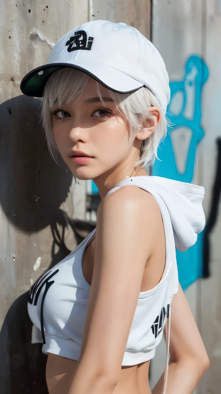 masterpiece, highest quality, Very detailed, 8k, Realistic, One Girl, alone, Tomboy, Very detailed face, (head shot:1.5), Standing in front of a wall covered in hip hop graffiti, Pixie cut white hair, He is wearing a short tank top and an open-zipped hoodie...,I can see your chest,Nice ass,Wear a New Era cap