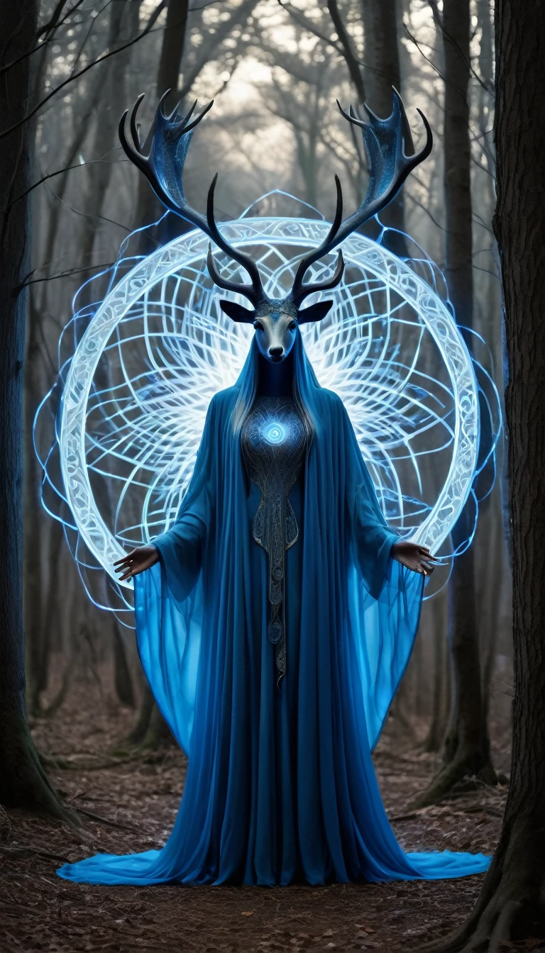 in a forest setting, the image depicts a mystical being with a set of antlers composed of light. Each side of the being has six antlers extending backwards in a circular pattern. The figure is dressed in a blue robe with a luminous circular decoration on the chest, lending the figure a majestic aura. This blue-hued entity supports the theme of nobility, with multiple elongated tail-like extensions emanating from the dress... A distinctive feature of the being is what appears to be a brilliant blue eye, adding to the magical essence of the character, which is amplified by the incorporation of a radiance, expansion and contraction of blue light on the chest, resembling a plasma ball. The being occupies a path amid imposing gray trees, lending a mysterious and somewhat eerie atmosphere to the scene. The overall imagery conveys a powerful sense of enigma and supernatural presence, alluding to an extraordinary and mysterious essence.

Translated with DeepL.com (free version)