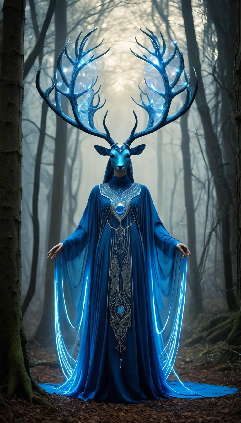 in a forest setting, the image depicts a mystical being with a set of antlers composed of light. Each side of the being has six antlers extending backwards in a circular pattern. The figure is dressed in a blue robe with a luminous circular decoration on the chest, lending the figure a majestic aura. This blue-hued entity supports the theme of nobility, with multiple elongated tail-like extensions emanating from the dress... A distinctive feature of the being is what appears to be a brilliant blue eye, adding to the magical essence of the character, which is amplified by the incorporation of a radiance, expansion and contraction of blue light on the chest, resembling a plasma ball. The being occupies a path amid imposing gray trees, lending a mysterious and somewhat eerie atmosphere to the scene. The overall imagery conveys a powerful sense of enigma and supernatural presence, alluding to an extraordinary and mysterious essence.

Translated with DeepL.com (free version)