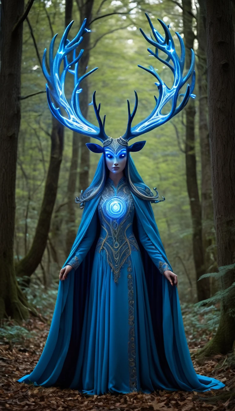 in a forest setting, the image depicts a mystical being with a set of antlers composed of light. Each side of the being has six antlers extending backwards in a circular pattern. The figure is dressed in a blue robe with a luminous circular decoration on the chest, lending the figure a majestic aura. This blue-hued entity supports the theme of nobility, with multiple elongated tail-like extensions emanating from the dress... A distinctive feature of the being is what appears to be a brilliant blue eye, adding to the magical essence of the character, which is amplified by the incorporation of a radiance, expansion and contraction of blue light on the chest, resembling a plasma ball. The being occupies a path amid imposing gray trees, lending a mysterious and somewhat eerie atmosphere to the scene. The overall imagery conveys a powerful sense of enigma and supernatural presence, alluding to an extraordinary and mysterious essence.

Translated with DeepL.com (free version)