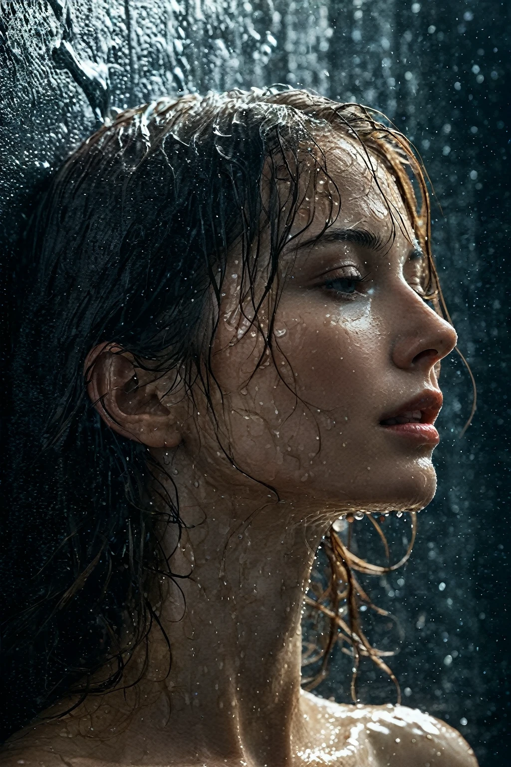 Das Gesicht einer schönen Frau taucht langsam aus einer Wasserwand auf, wet, glitzernd, Seitenansicht, Profil