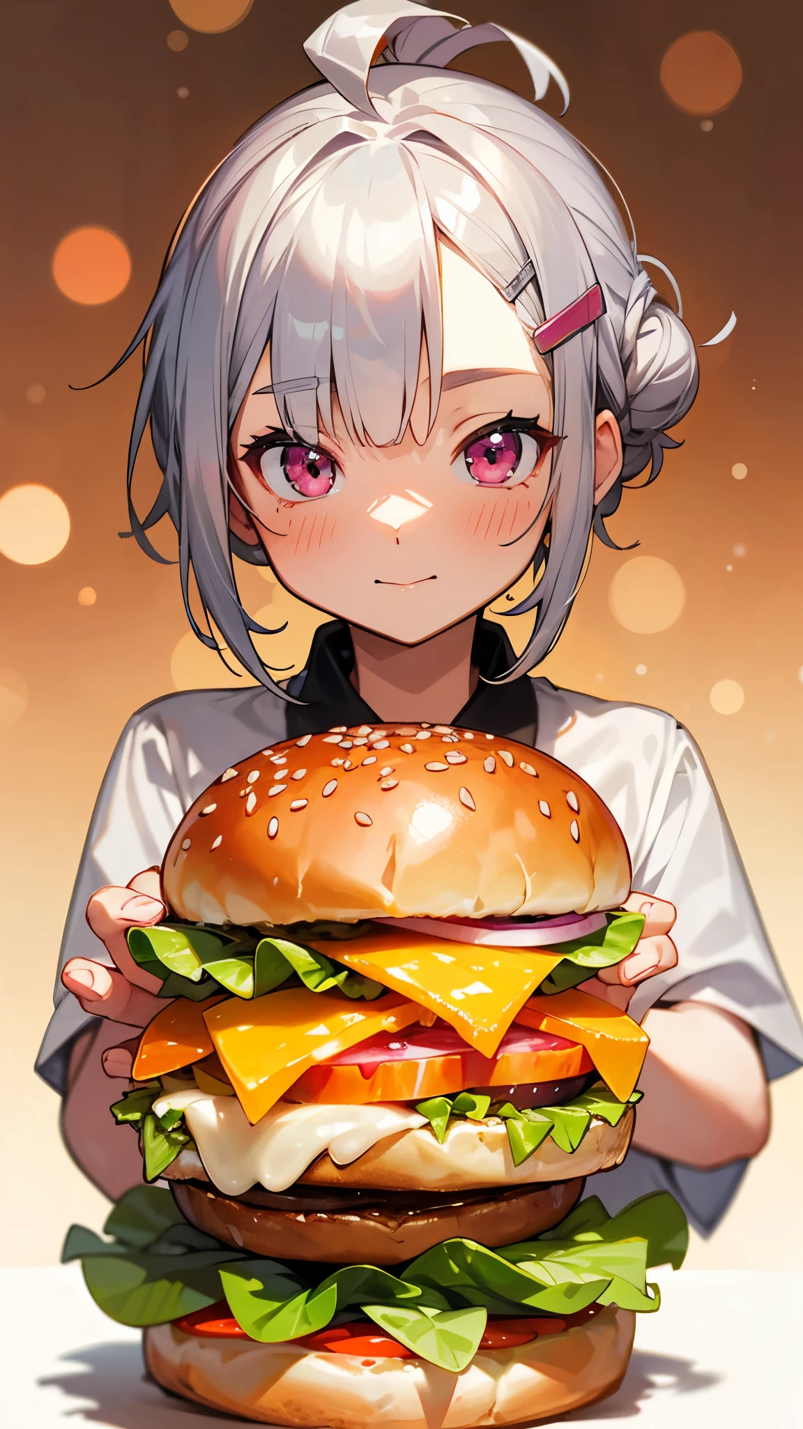 (highest quality,High resolution,Very detailed),hamburgerを食べる, Short silver bob hair tied in a bun with a hair clip, Pink Eyes, hamburger,  lettuce, fruit, tomato, Onion, Bokeh Background, Depth of written boundary, vegetables, cheese、table