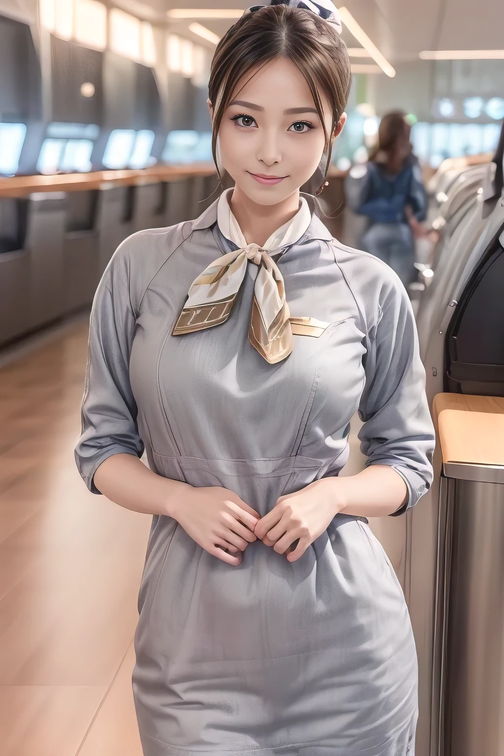 (шедевр:1.2、высшее качество:1.2)、32К HDR、Высокое разрешение、(один、1 девочка、Стройная фигура)、（Реалистичный стиль с униформой Starlux Airlines）、 (В зале аэропорта, Профессиональное освещение)、（Серебряная униформа Starlux Airlines:1.4）、（Серебряная униформа Starlux Airlines with short sleeves）、（шарф на груди）、большая грудь、（длинные волосы прическа、Вечерняя прическа）、темно-коричневые волосы、дальний план、（（Тонкая рука：2.0））、（（Гармоничные пропорции тела.：1.5））、（（Нормальные конечности：2.0））、（（Нормальный палец：2.0））、（（нежные глаза：2.0））、（（Нормальные глаза：2.0））)、красивая осанка стоя